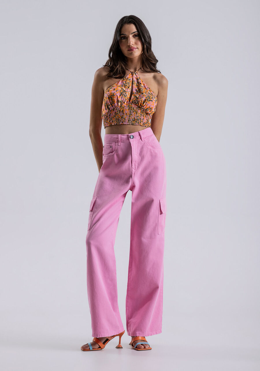 Calça Sarja Wide Leg com Bolso Cargo, ROSA FABULOUS. Calça Sarja Wide Leg com Bolso Cargo, ROSA FABULOUS, large.
