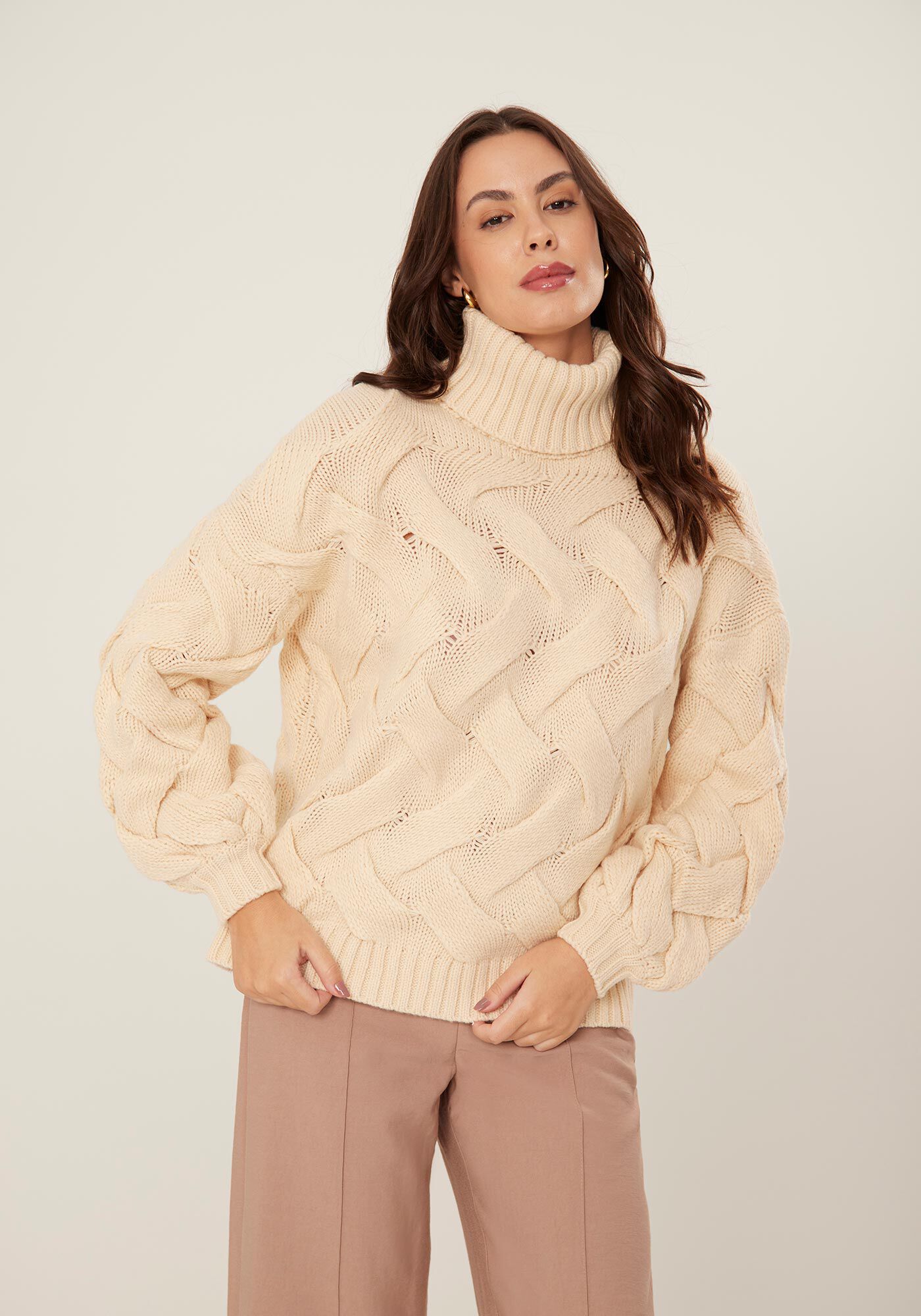 Blus&atilde;o De Mangas Longas Com Gola Alta Em Tric&ocirc;, BEGE MOHAIR, large.