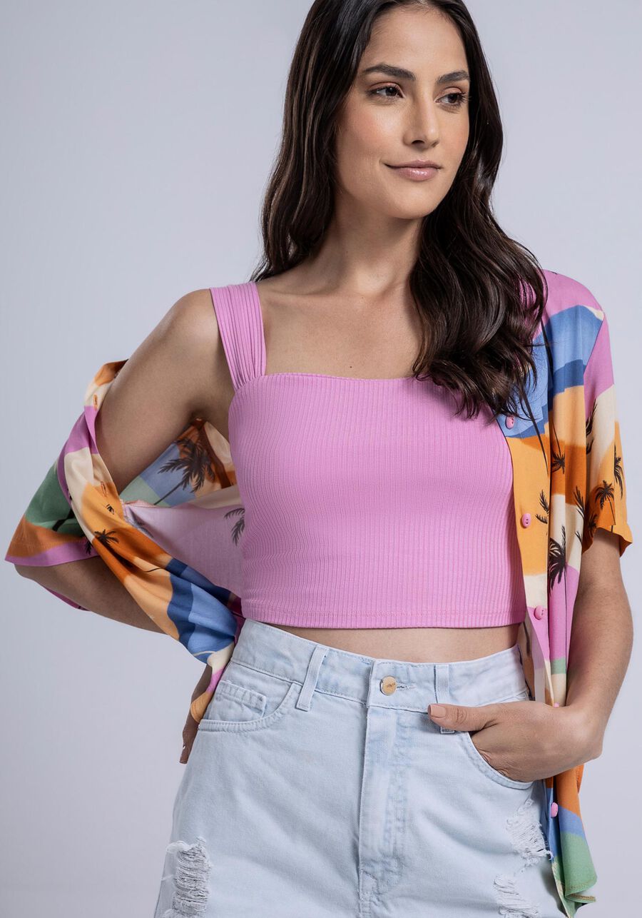 Blusa com Alças Canelada Cropped, ROSA FABULOUS. Blusa com Alças Canelada Cropped, ROSA FABULOUS, large.