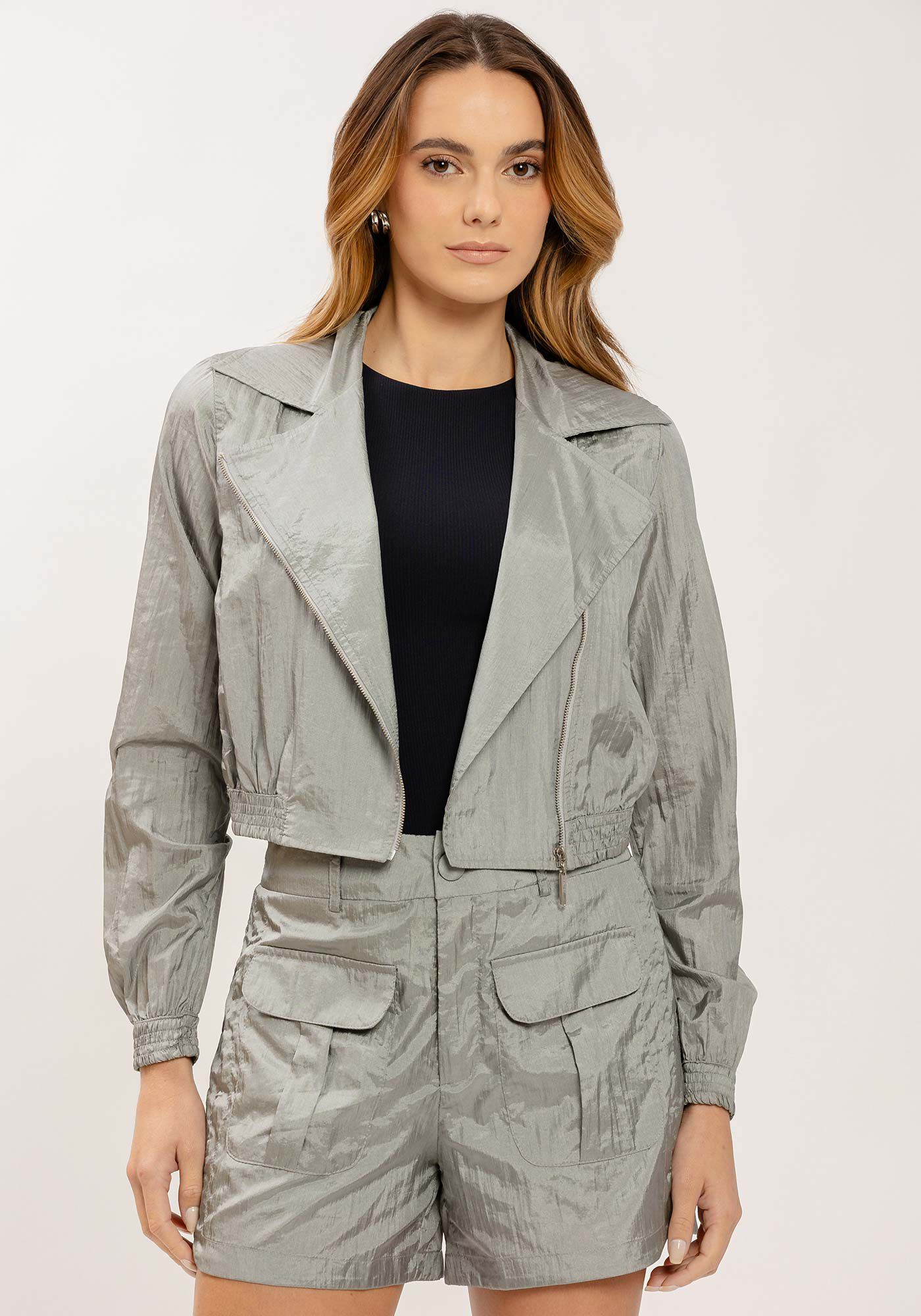 Jaqueta Bomber em Nylon com Brilho, , large.