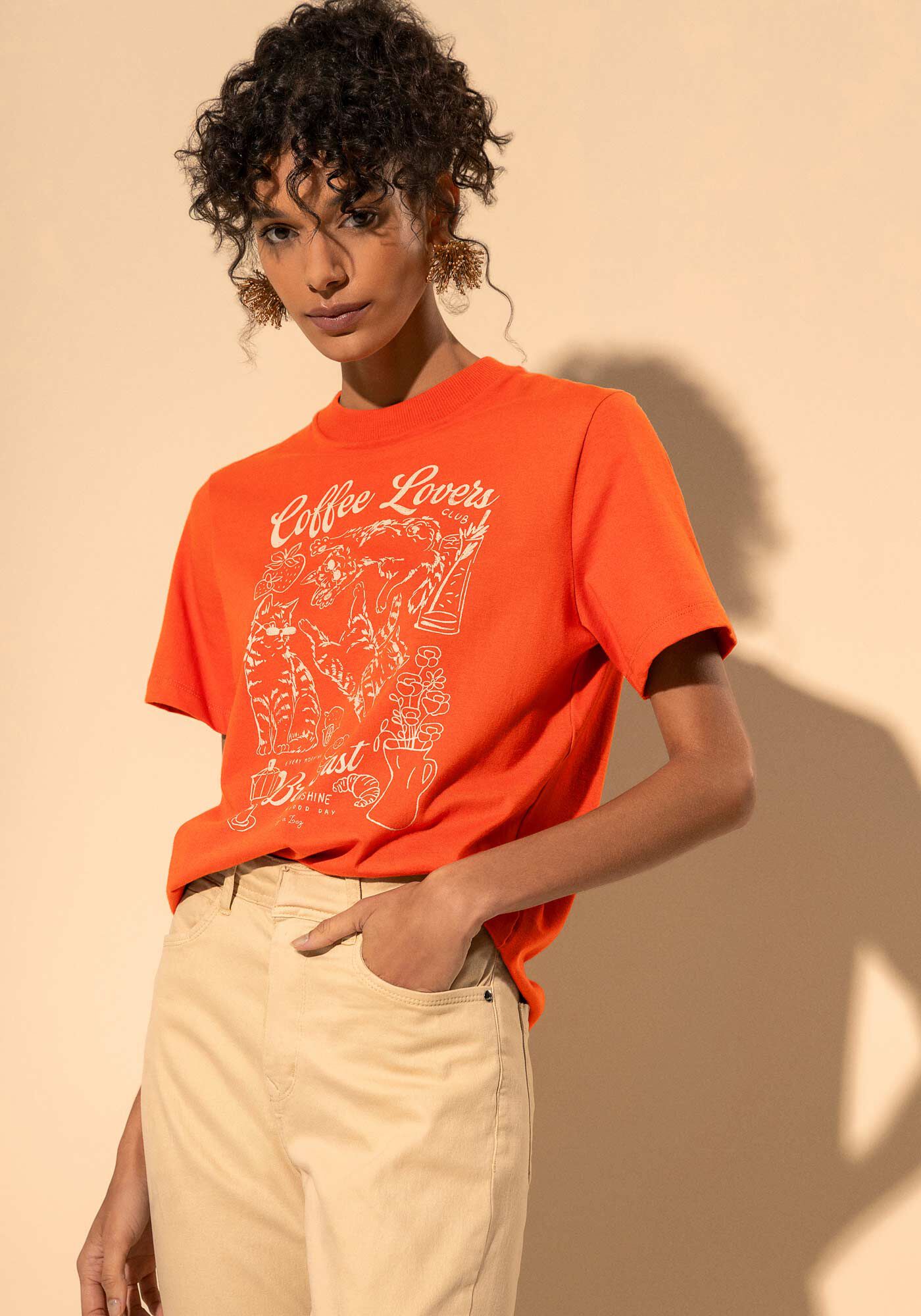 Blusa T-shirt Em Algod&atilde;o Penteado Com Estampa Localizada, LARANJA PAIXAO, large.
