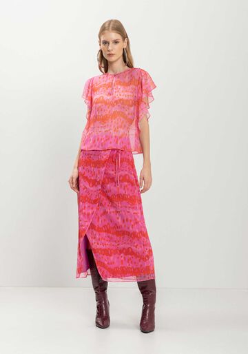 Blusa Fluida Estampada Com Babados E Transparência, COLOR SKIN ROSA. Blusa Fluida Estampada Com Babados E Transparência, COLOR SKIN ROSA, large.