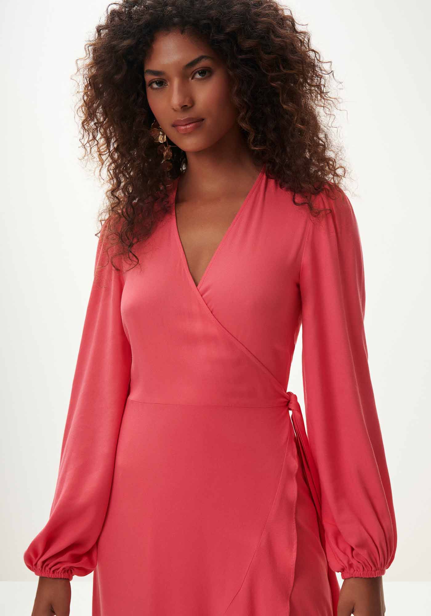 Vestido Midi Manga Longa em Viscose Transpassado, , large.