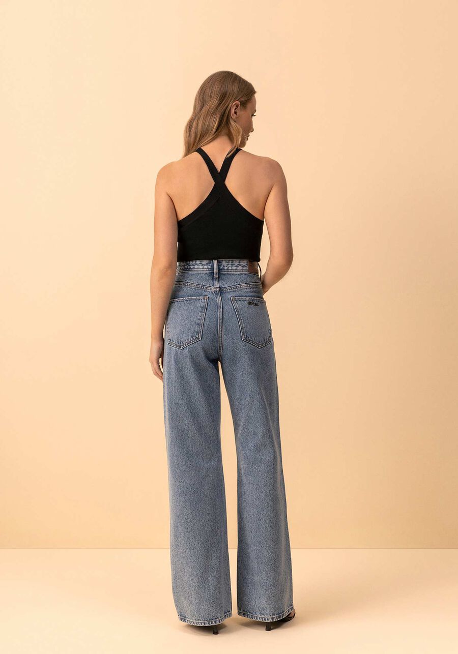 Calça Jeans Wide Leg Com Cintura Alta E Aplicações De Strass, JEANS. Calça Jeans Wide Leg Com Cintura Alta E Aplicações De Strass, JEANS, large.