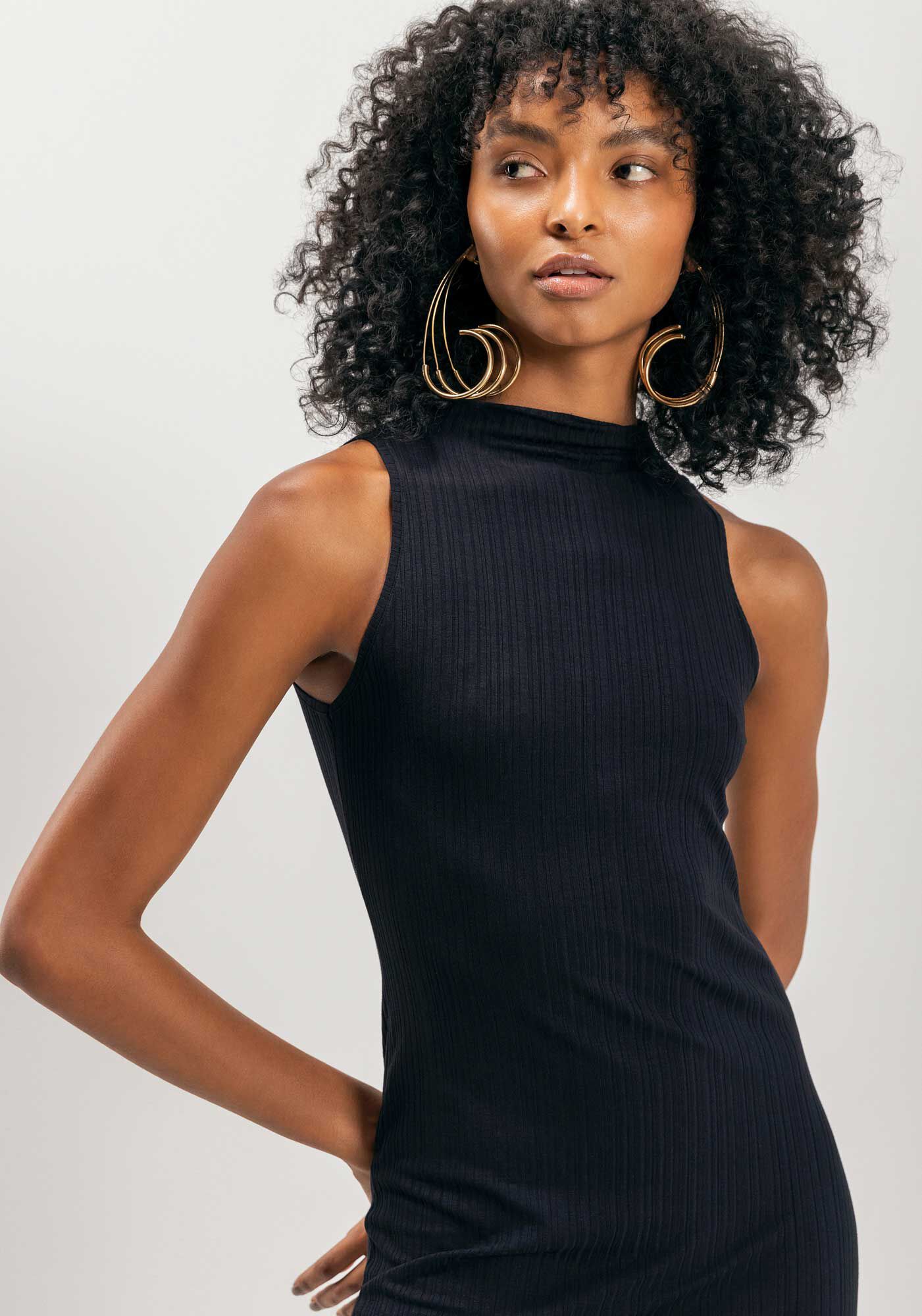 Vestido Midi B&aacute;sico Em Malha Canelada De Viscose, , large.