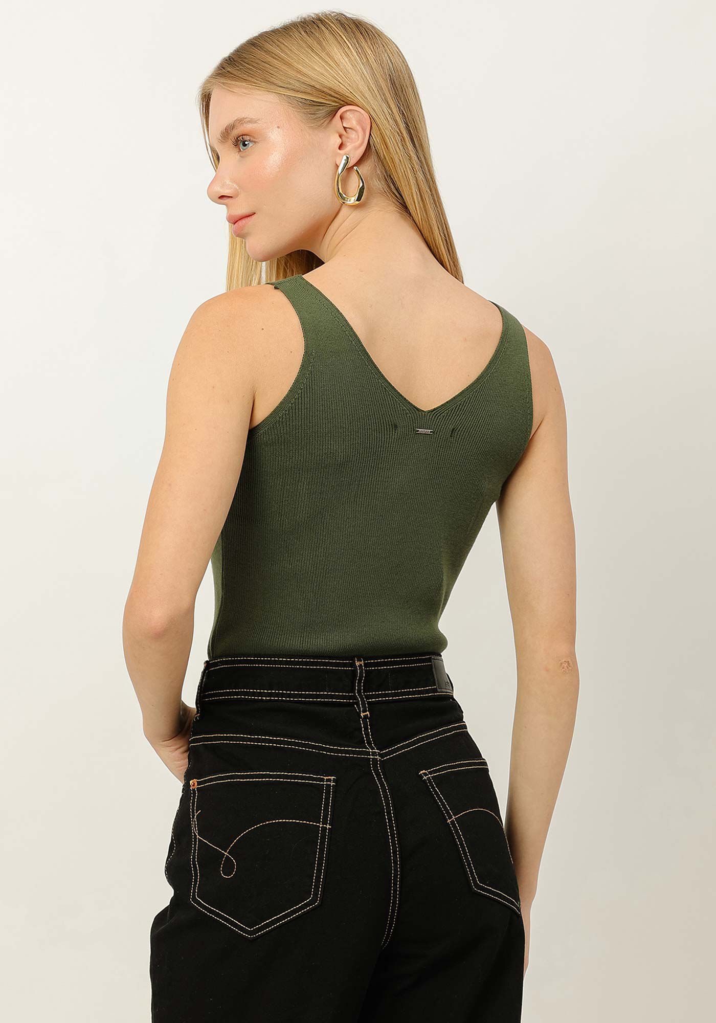 Blusa com Al&ccedil;as em Tric&ocirc; com Decote V, , large.