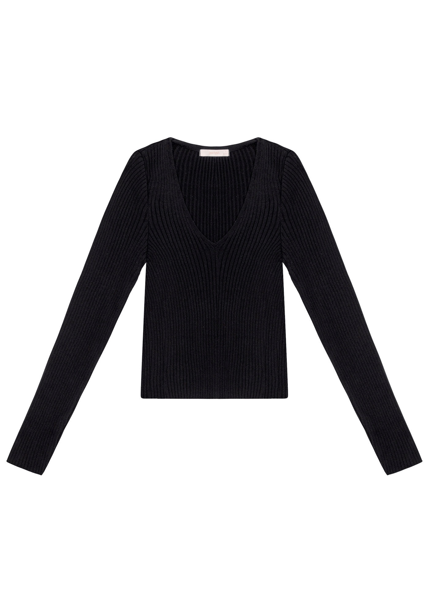 Blusa Manga Longa Cropped em Tric&ocirc; com Decote V, PRETO REATIVO, large.