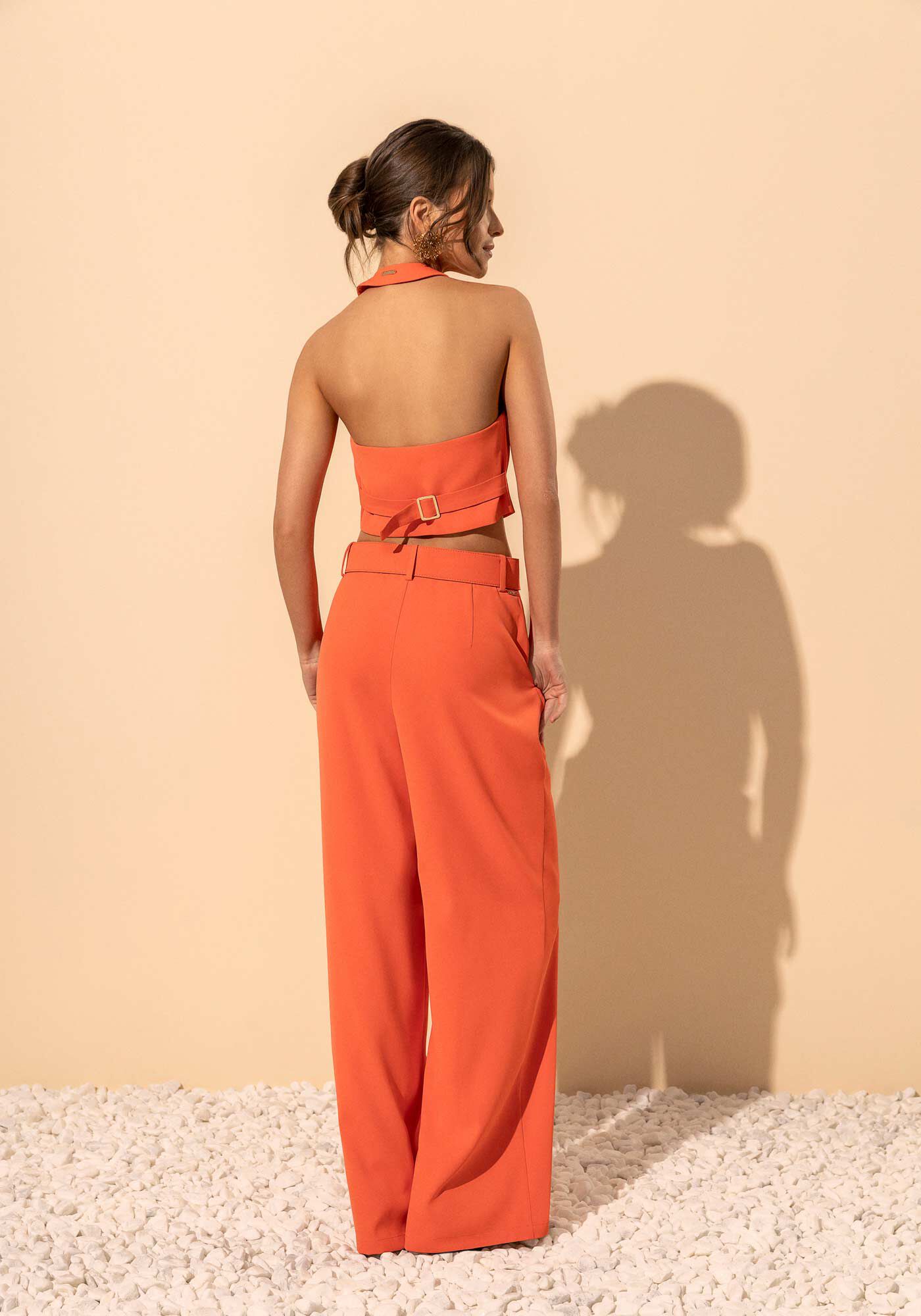 Cal&ccedil;a Reta Em Alfaiataria Com Cintura Alta E Cinto, LARANJA PAIXAO, large.