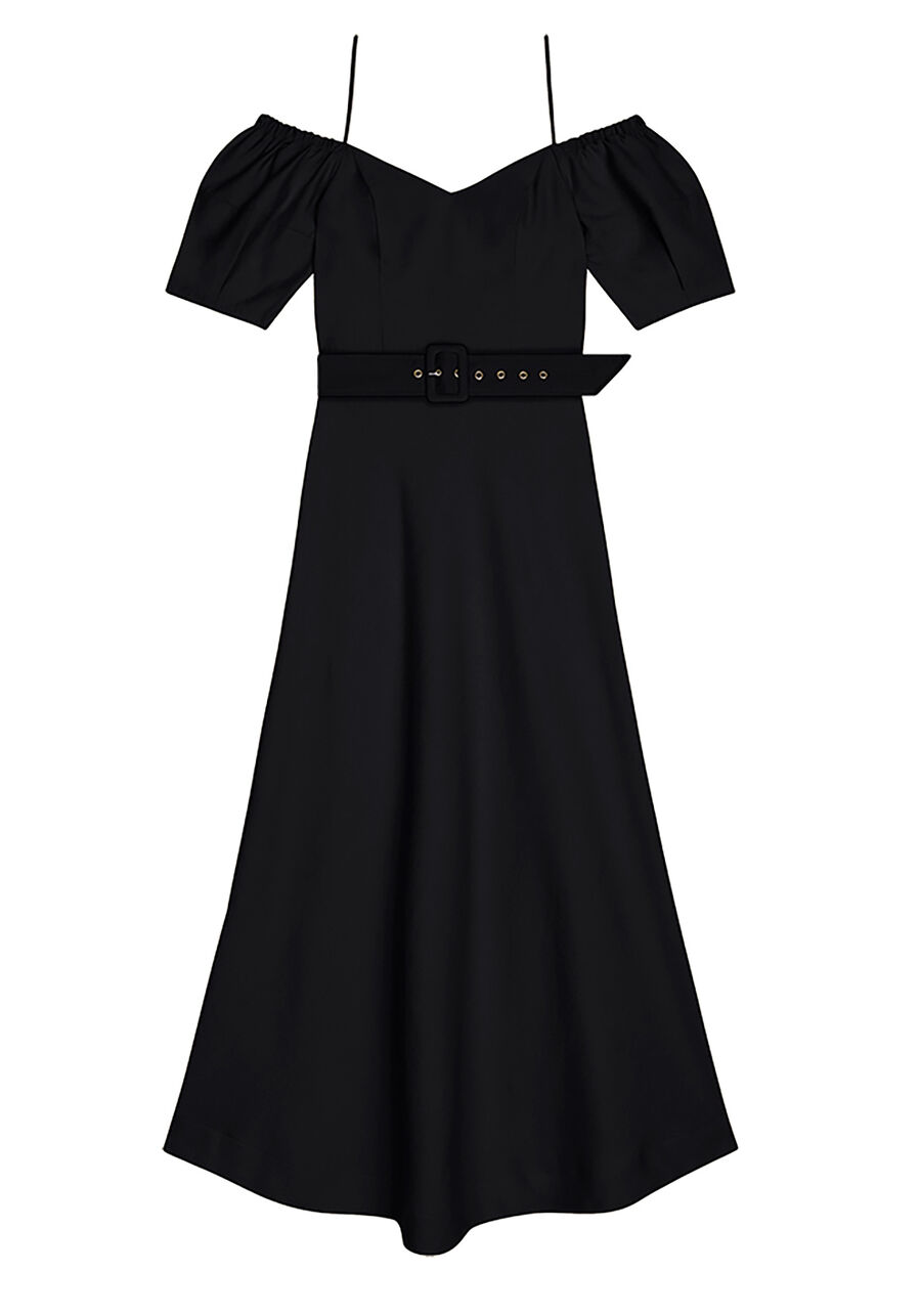 Vestido Midi com Recorte Ombros e Cinto, . Vestido Midi com Recorte Ombros e Cinto, , large.