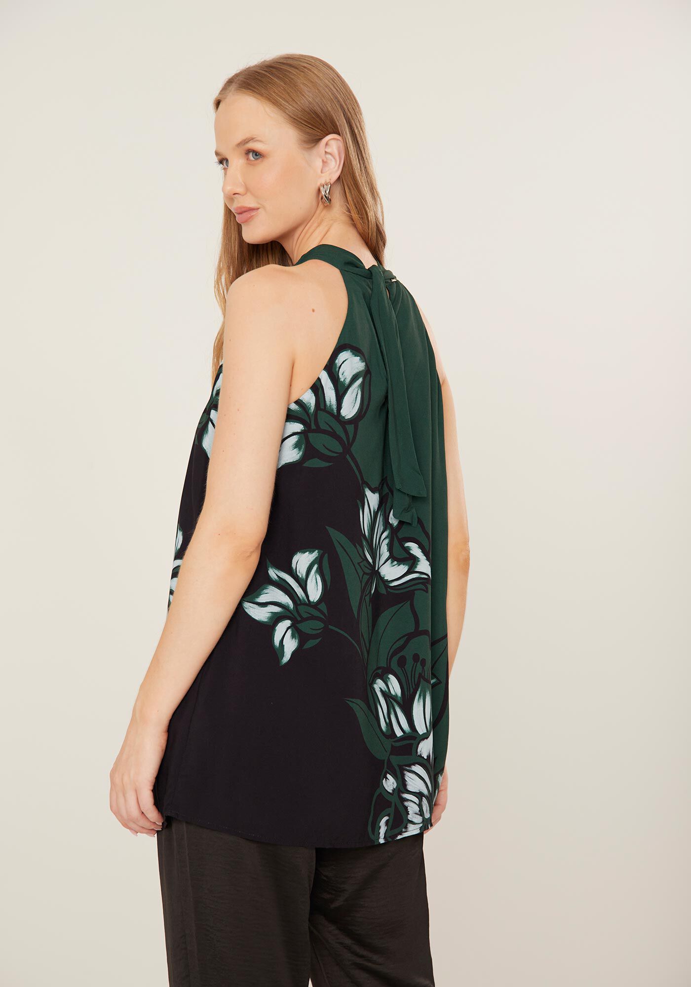 Blusa Alongada Estampada Sem Mangas Com Amarra&ccedil;&atilde;o, ANEMONE VERDE, large.