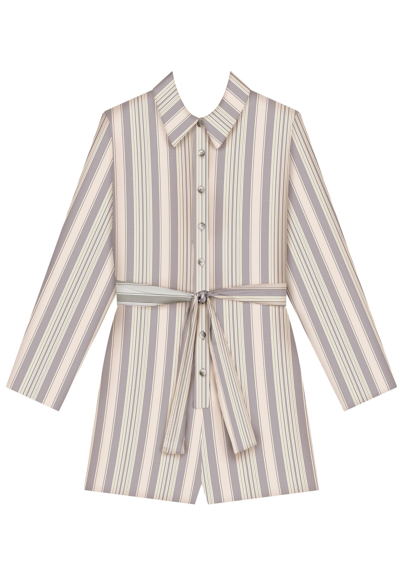 Macac&atilde;o Curto Listrado Com Mangas Amplas E Faixa Ajust&aacute;vel, , large.