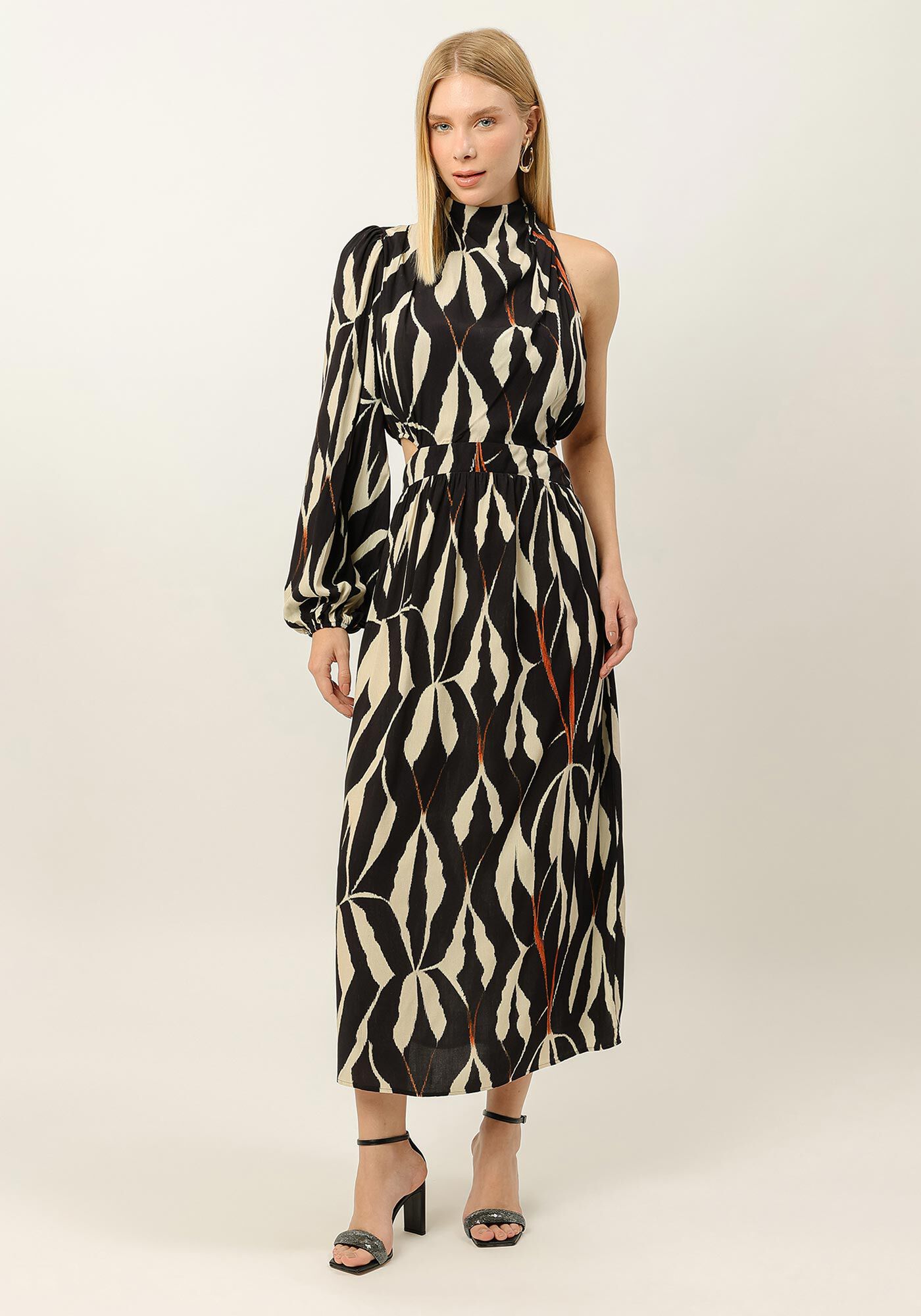 Vestido Midi Estampado em Viscose com Um Ombro S&oacute;, , large.