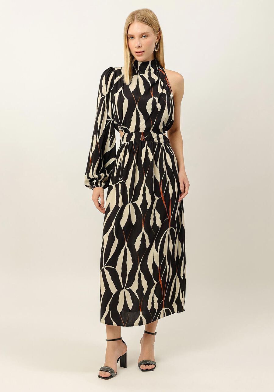 Vestido Midi Estampado em Viscose com Um Ombro Só, . Vestido Midi Estampado em Viscose com Um Ombro Só, , large.