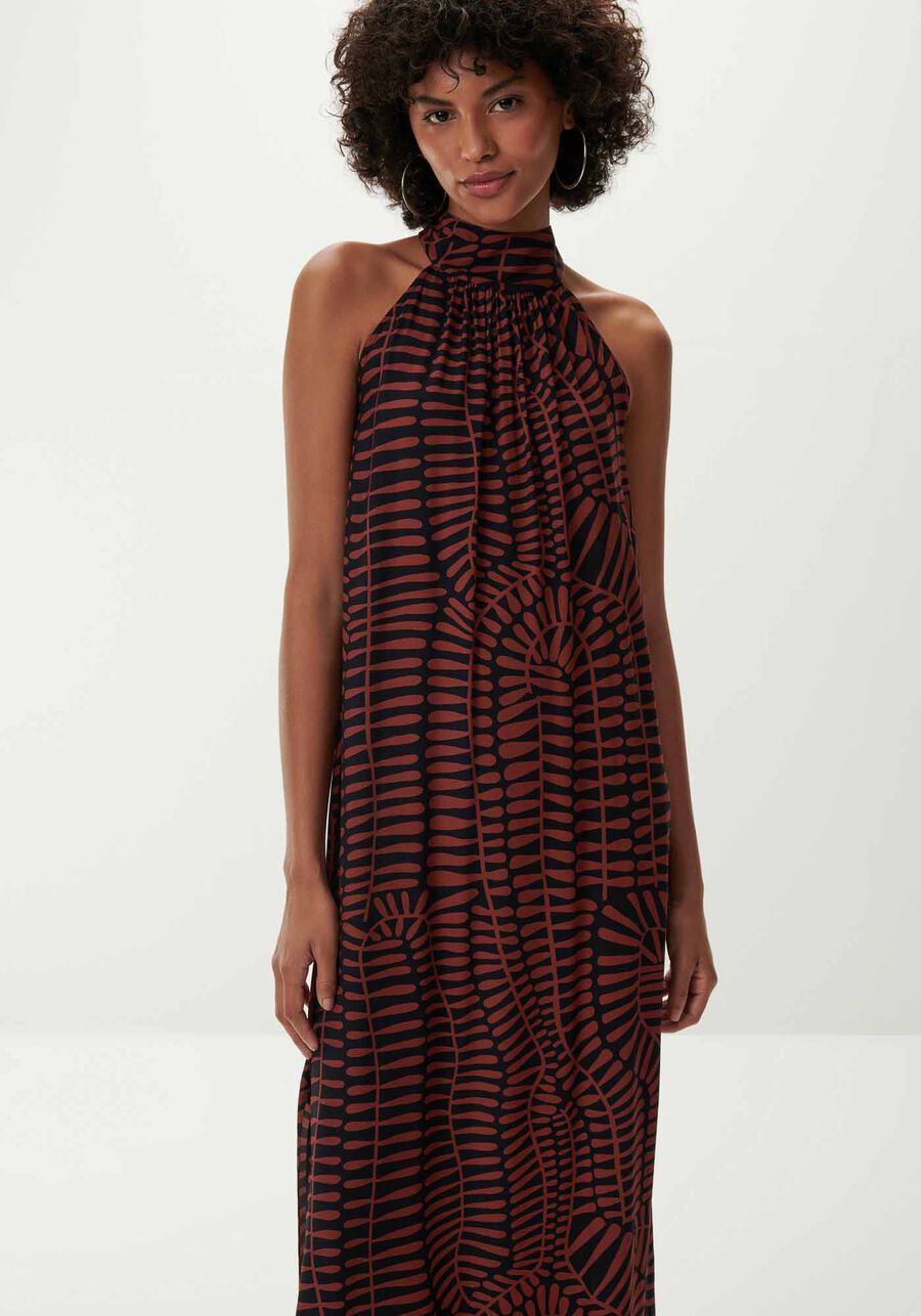 Vestido Midi Estampado em Viscose com Gola Alta, BOSQUE. Vestido Midi Estampado em Viscose com Gola Alta, BOSQUE, large.
