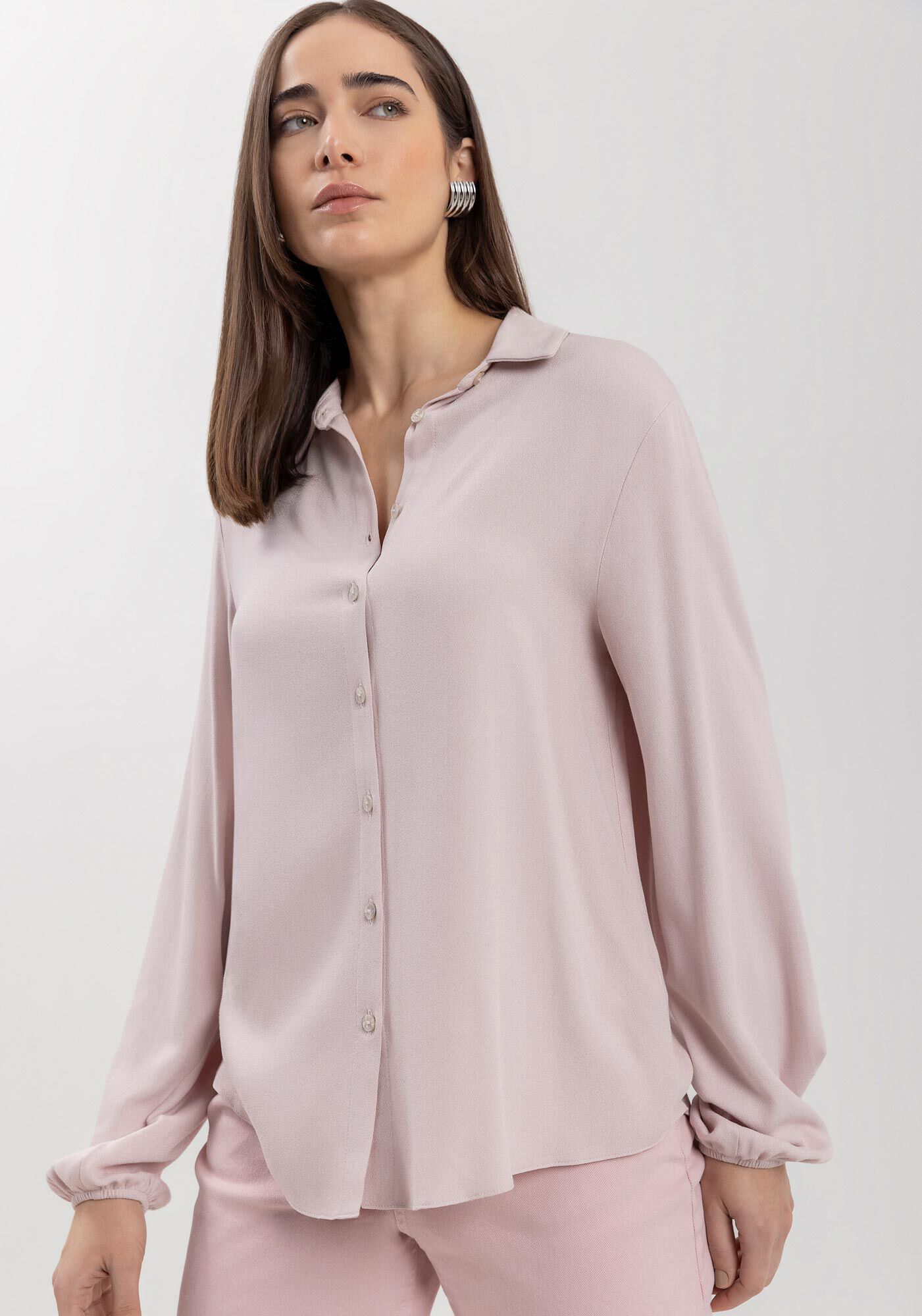 Camisa De Mangas Longas Com Punhos El&aacute;sticos Em Crepe, , large.