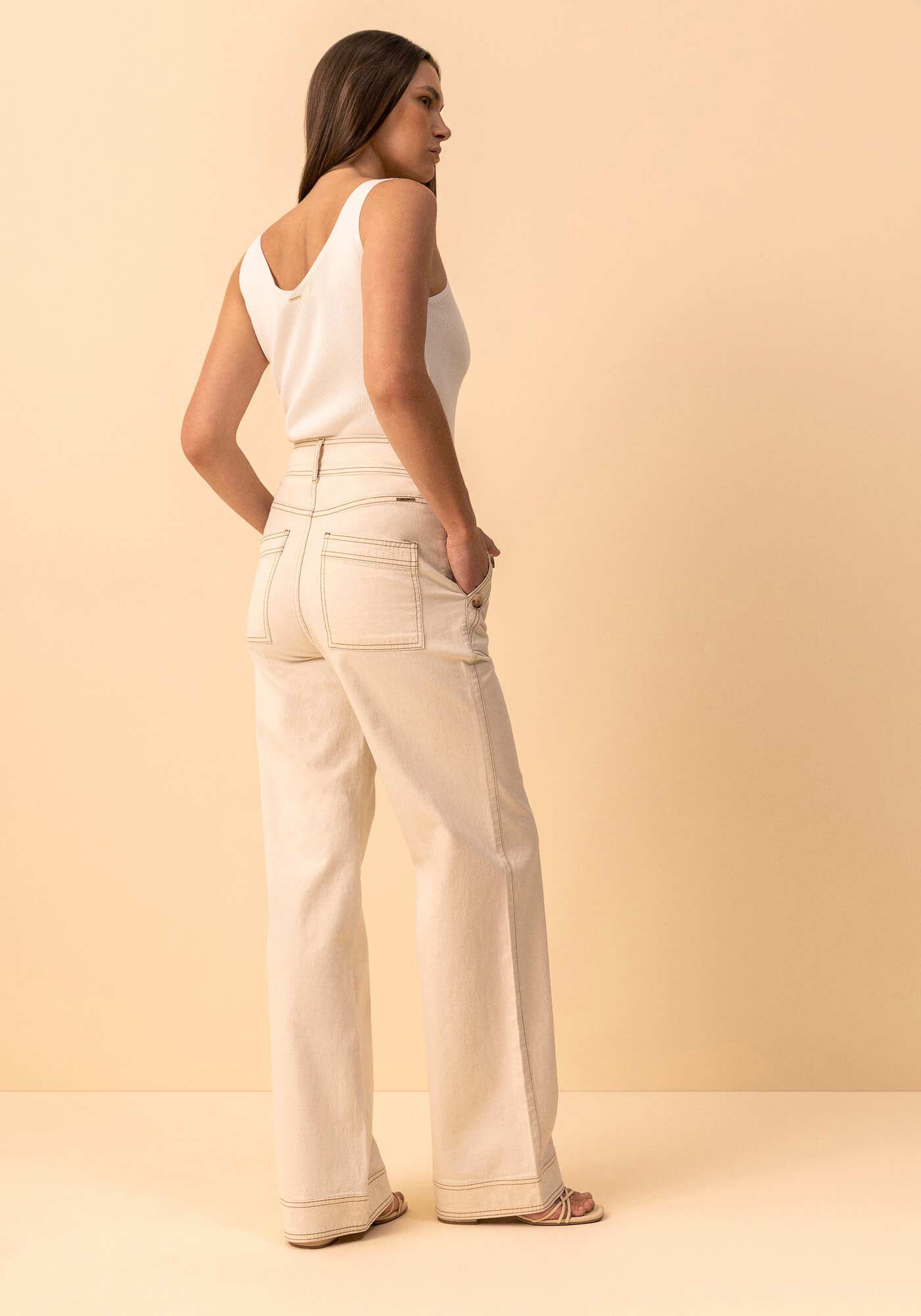 Cal&ccedil;a Wide Leg De Cintura Alta Com Bot&otilde;es Em Sarja E Linho, NATURAL, large.