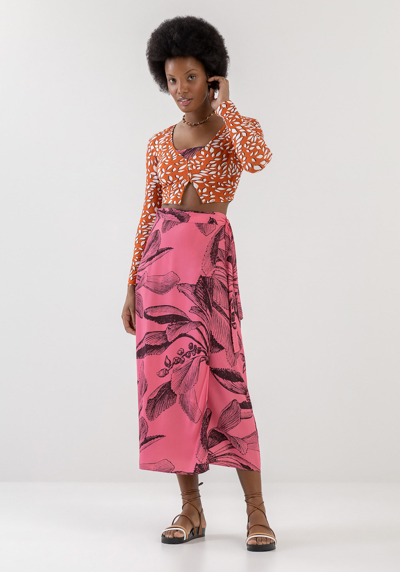 Cardigan Cropped Canelado Estampado com Top, , large.