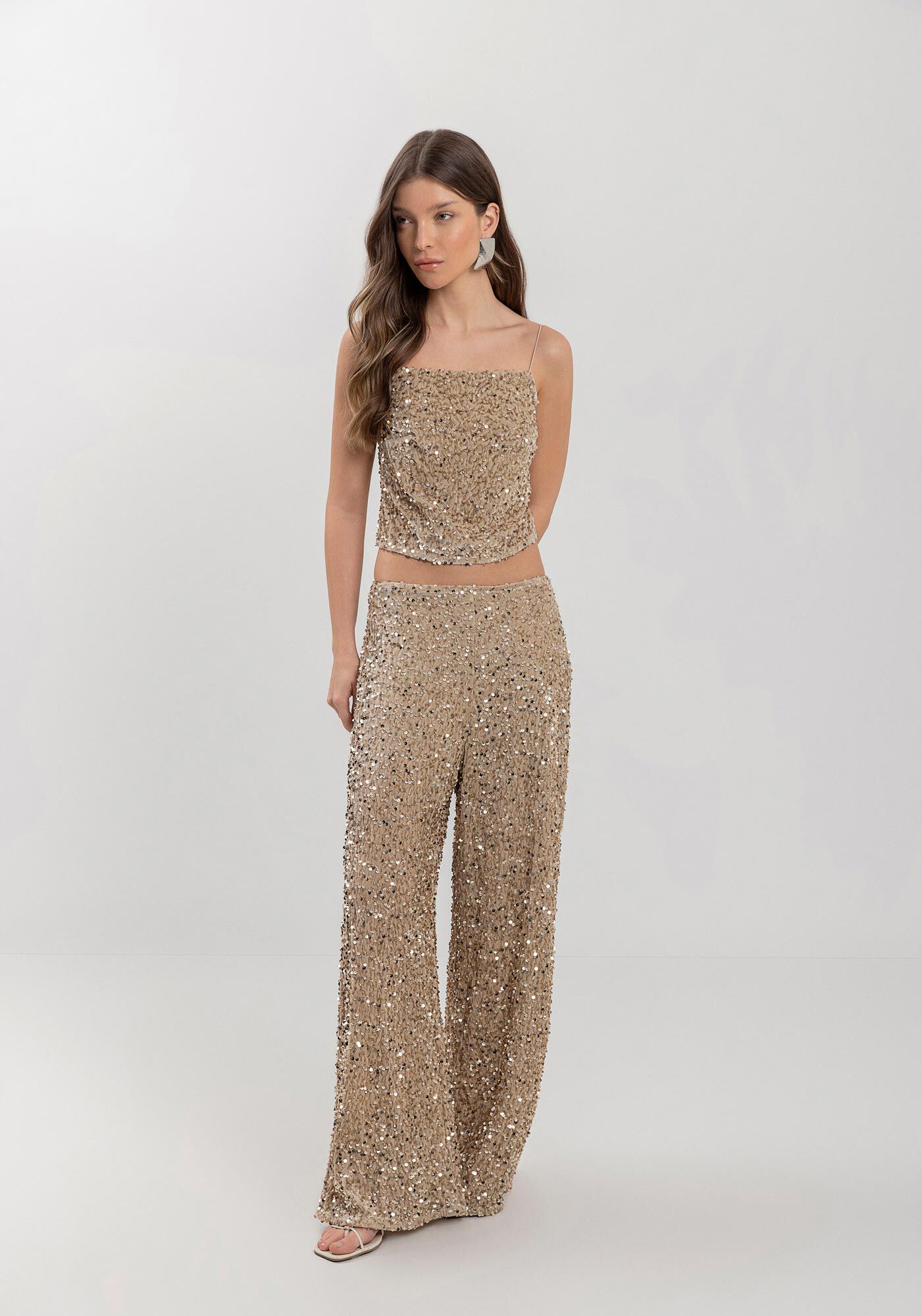 Cal&ccedil;a Pantalona Em Malha De Veludo Com Paet&ecirc;s, BEGE CENTURY, large.