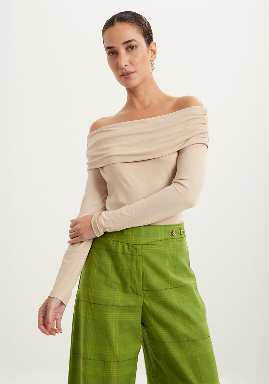 Blusa Ombro A Ombro Em Malha Com Franzidos E Mangas Longas, , large.
