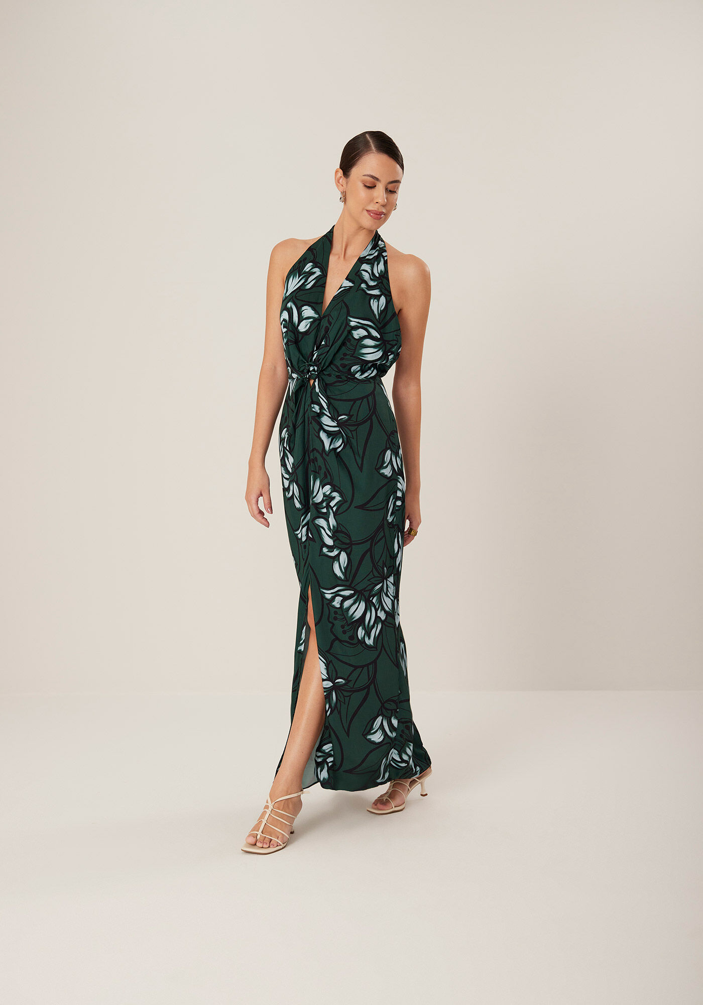 Vestido Longo Frente &Uacute;nica Estampado Com Tor&ccedil;&atilde;o Frontal, BELL FLOWERS VERDE, large.