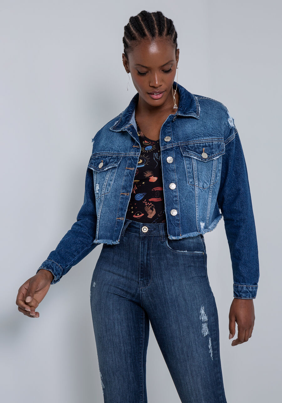 Jaqueta Jeans Cropped com Barra Desfiada, . Jaqueta Jeans Cropped com Barra Desfiada, , large.