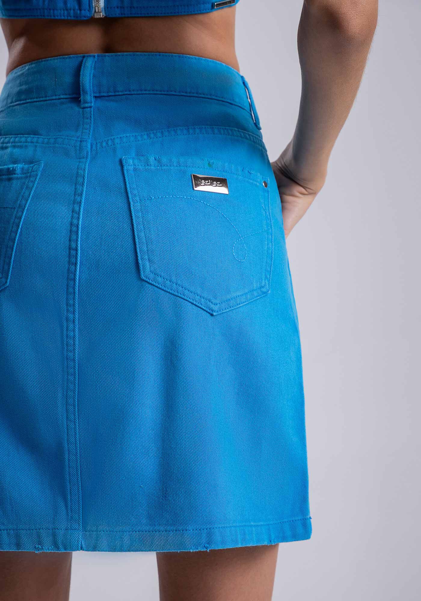 Saia Sarja Curta com Cintura Alta, AZUL BAIANO, large.