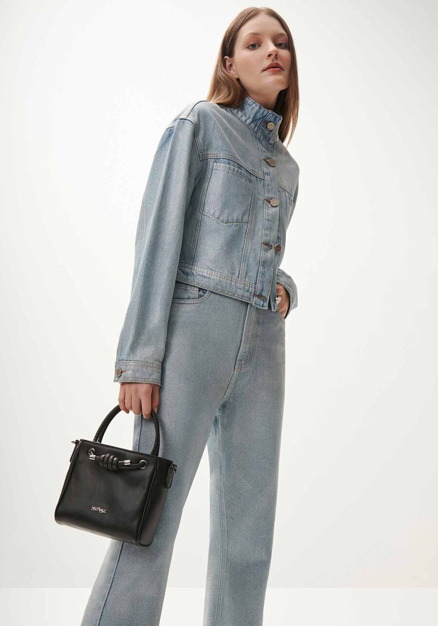 Jaqueta Jeans Cropped com Gola Alta, JEANS. Jaqueta Jeans Cropped com Gola Alta, JEANS, large.