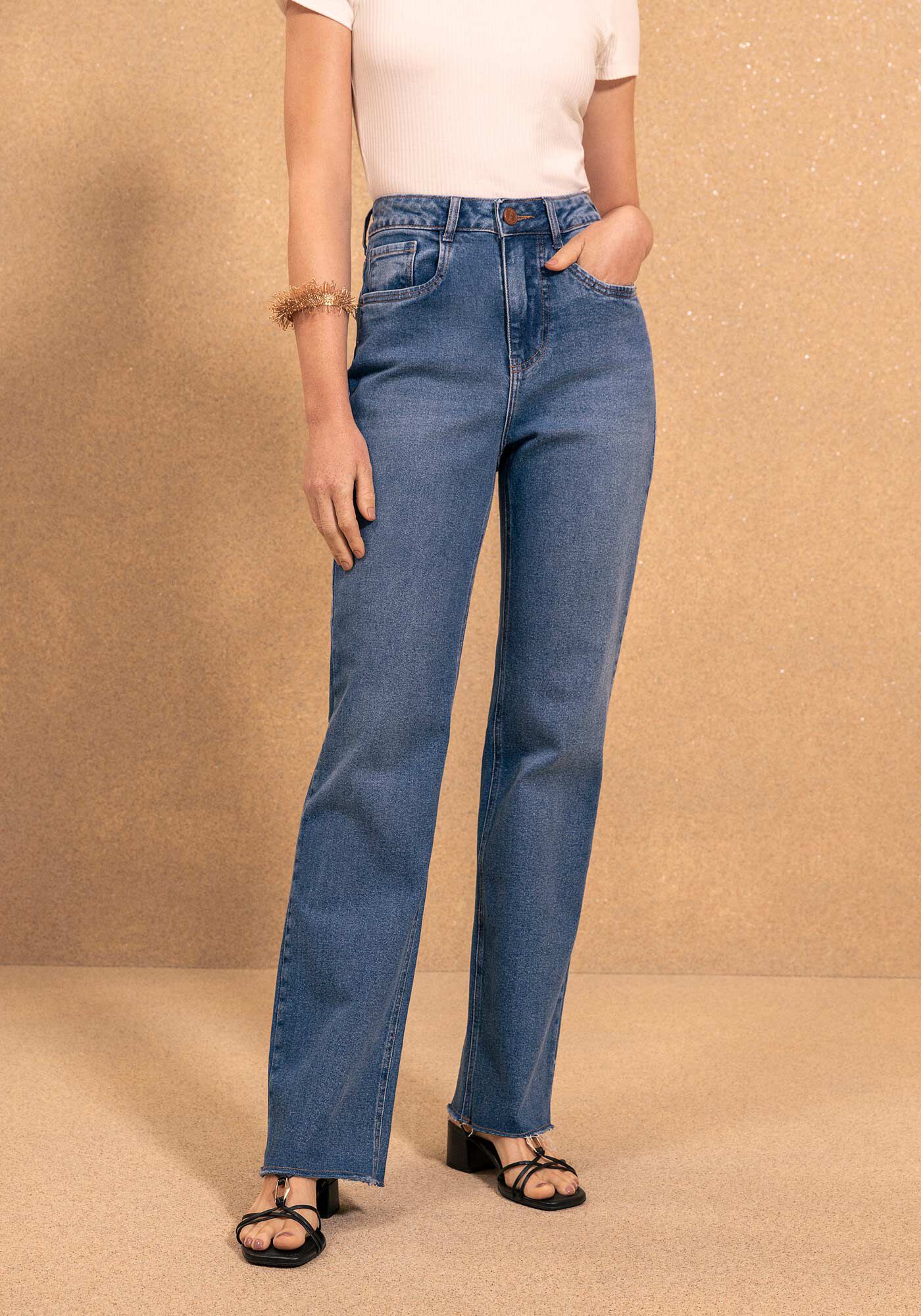 Cal&ccedil;a Jeans Reta Com Cintura Alta E Barras A Fio, JEANS, large.