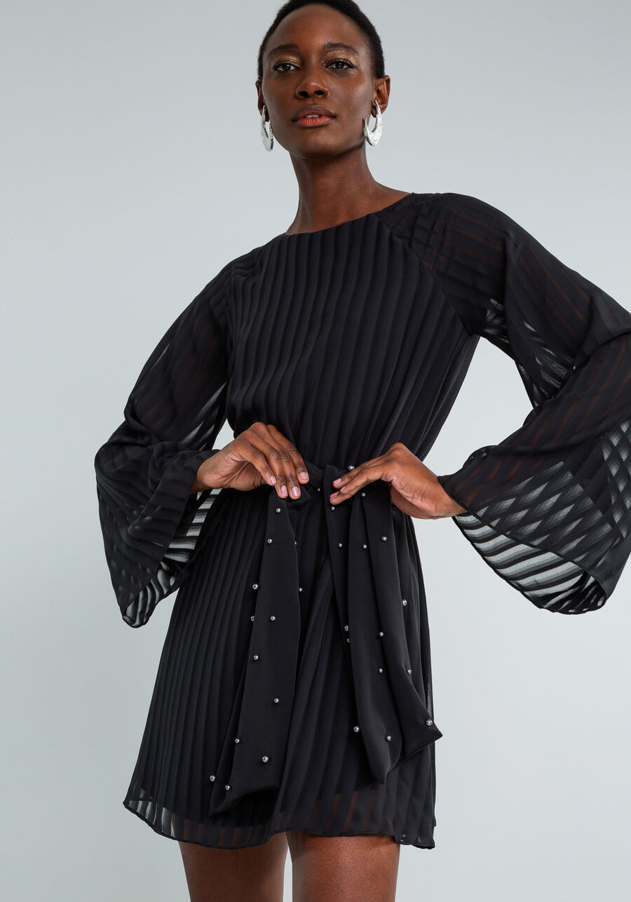 Vestido Curto Cinto com Pérolas, PRETO. Vestido Curto Cinto com Pérolas, PRETO, large.