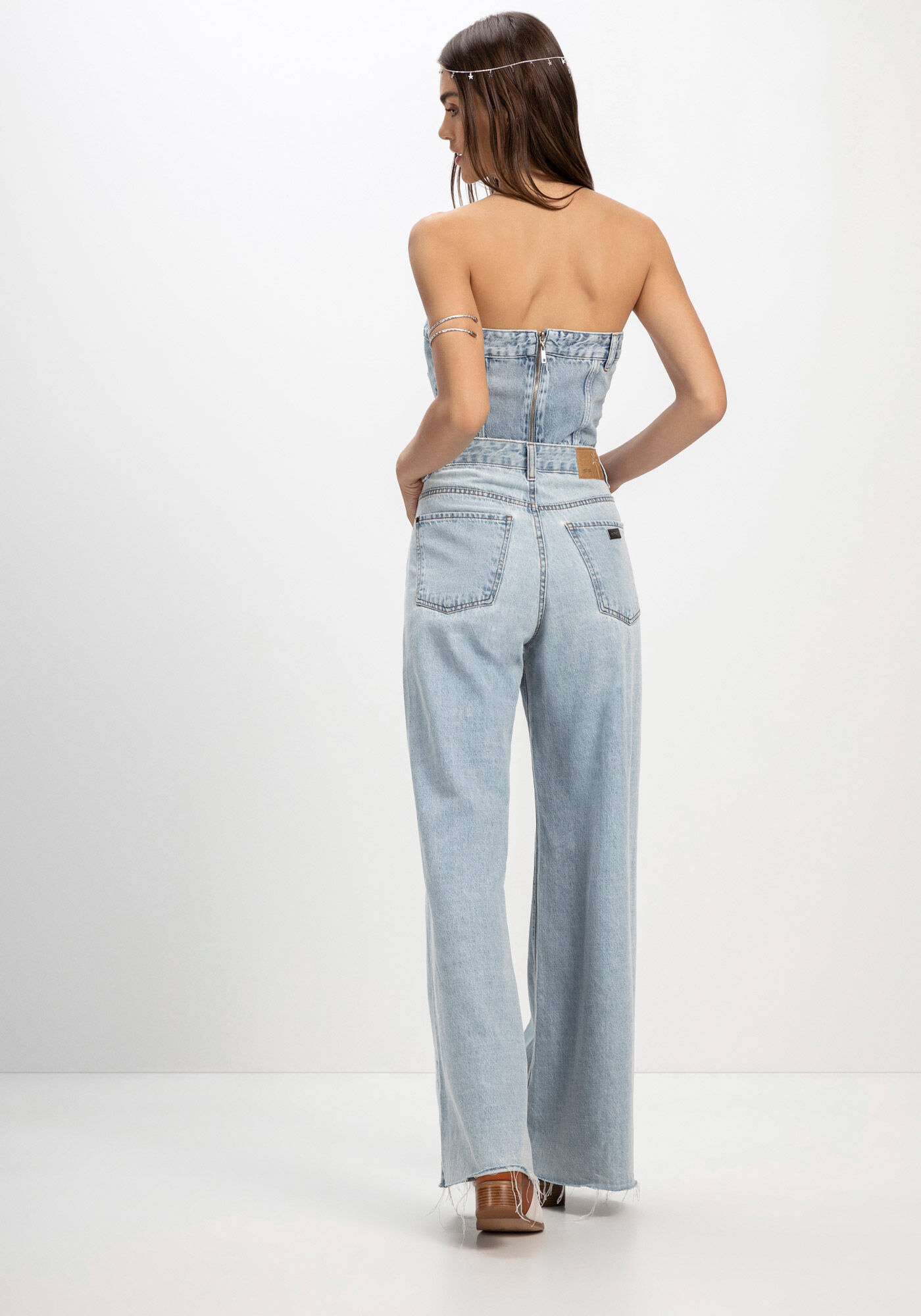 Cal&ccedil;a Jeans Pantalona Super Alta com Pespontos, JEANS, large.