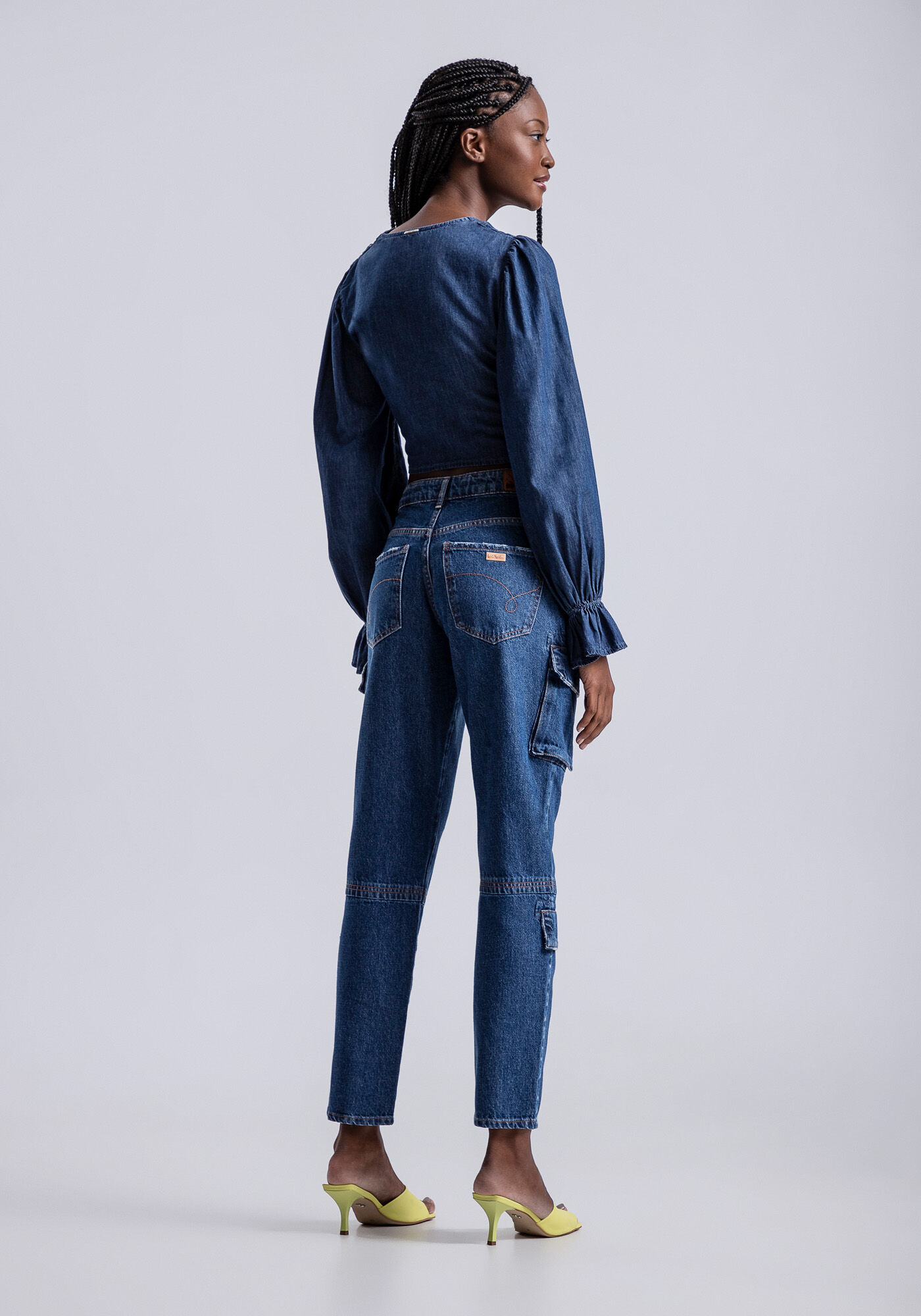 Camisa Jeans Manga Longa com Babado, , large.