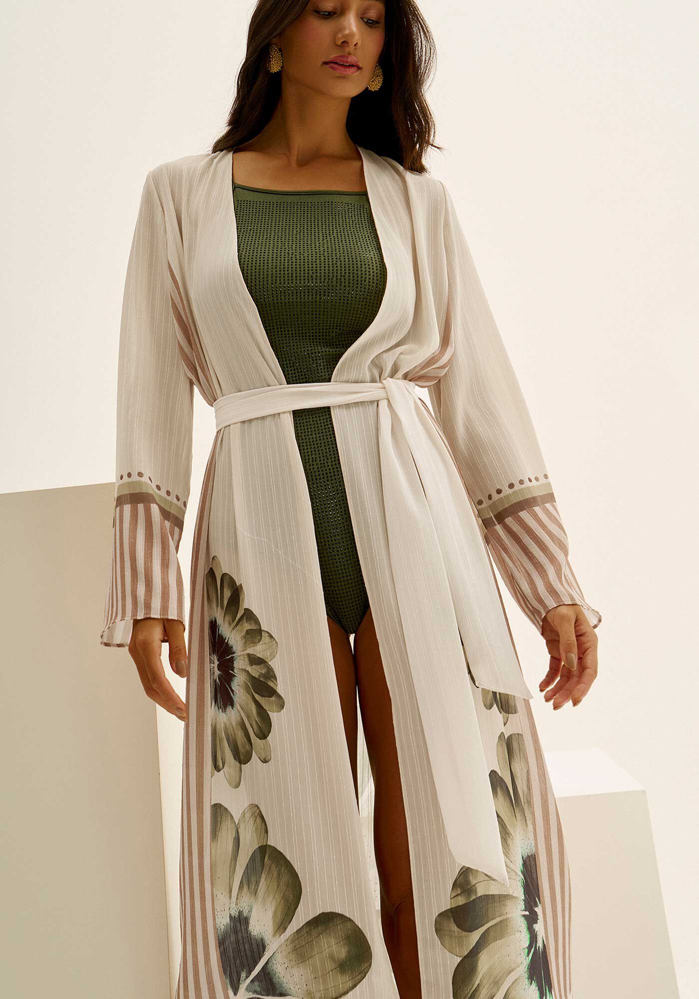 Kaftan Longo Sa&iacute;da de Praia Estampado com Cinto, , large.