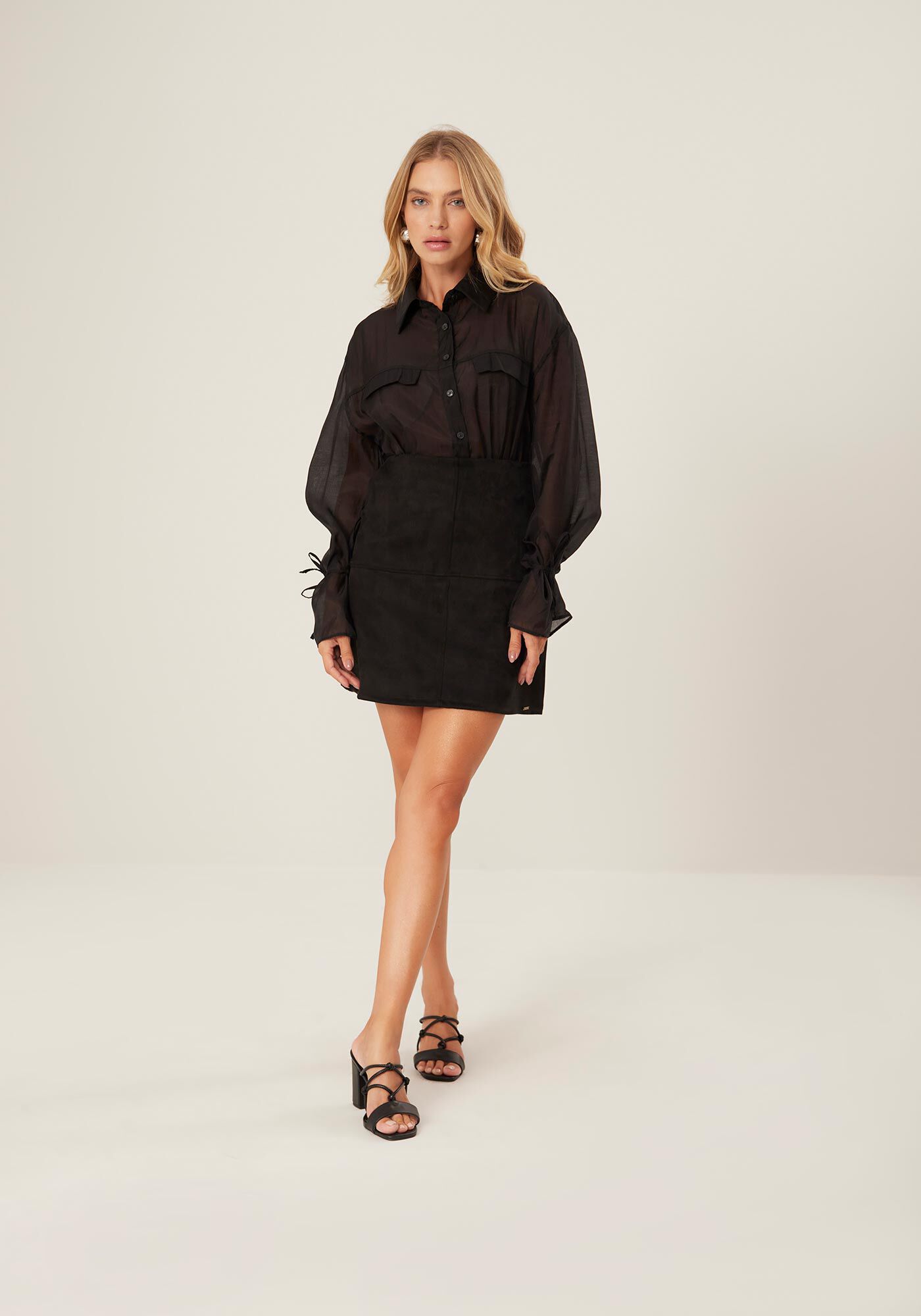 Camisa Alongada Com Transpar&ecirc;ncia E Amarra&ccedil;&otilde;es, , large.