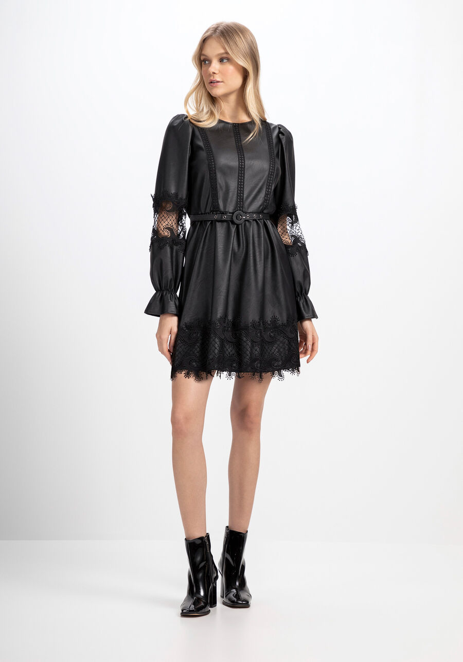 Vestido Curto com Manga Bufante e Renda com Cinto, . Vestido Curto com Manga Bufante e Renda com Cinto, , large.