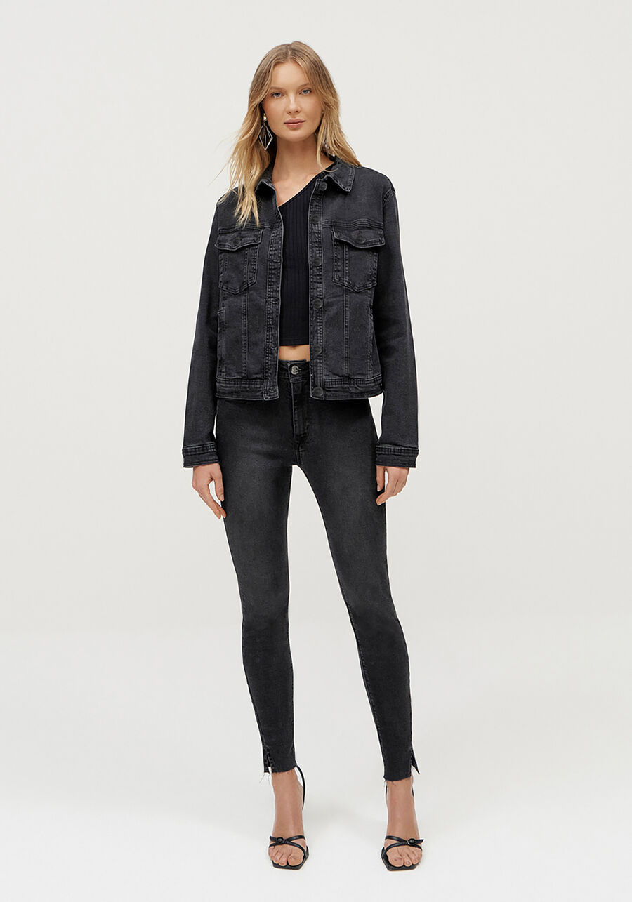 Jaqueta Jeans Preta com Elasticidade, PRETO REATIVO. Jaqueta Jeans Preta com Elasticidade, PRETO REATIVO, large.