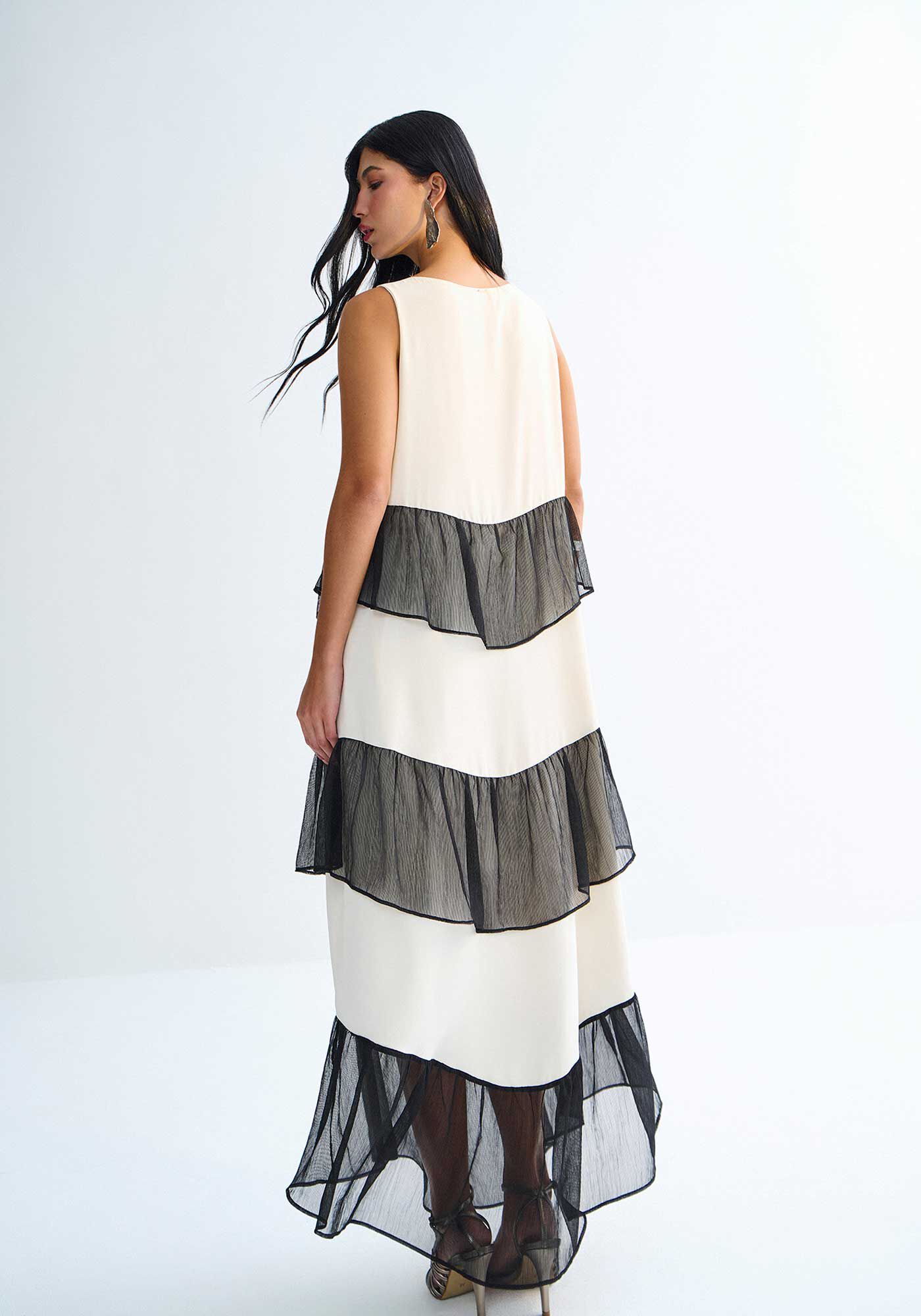 Vestido Longo com Babado e Transpar&ecirc;ncia, CREME ANGORA, large.