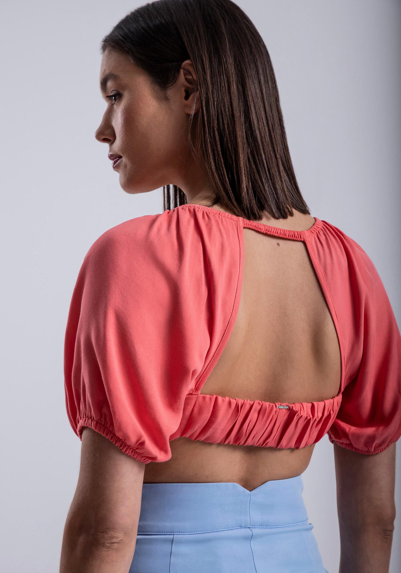 Blusa Cropped em Viscose com Manga Bufante, , large.