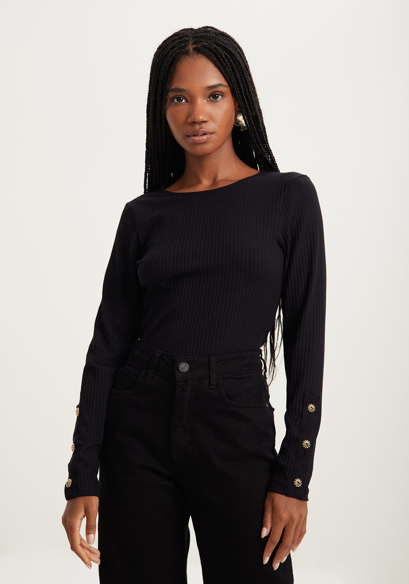 Body Justo Canelado Com Mangas Longas E Bot&otilde;es, PRETO, large.