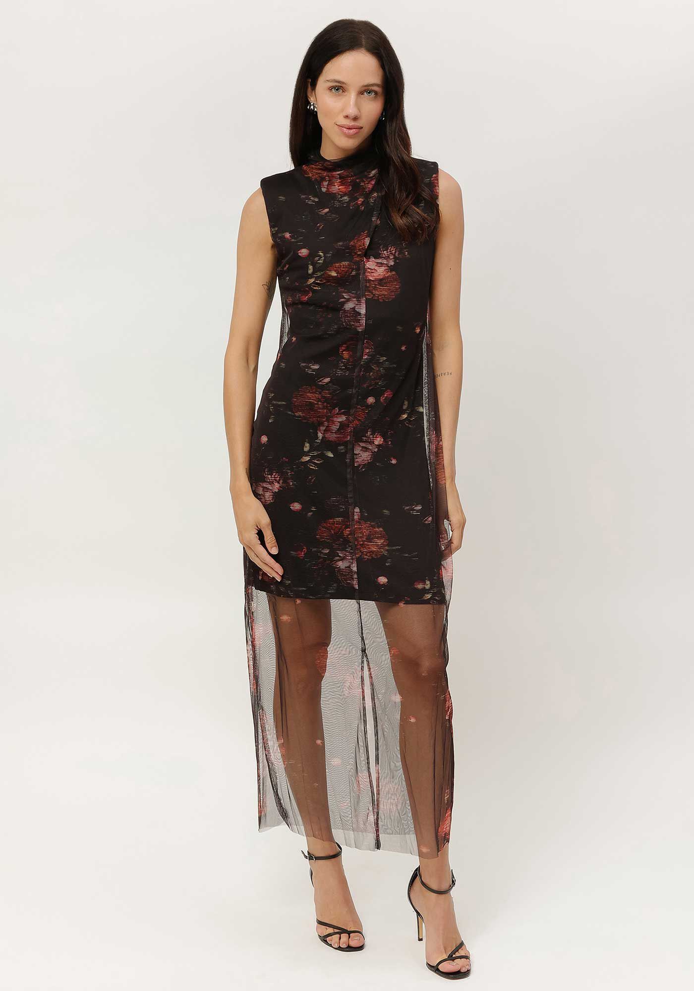 Vestido Midi em Tule Estampado com Gola Alta, , large.