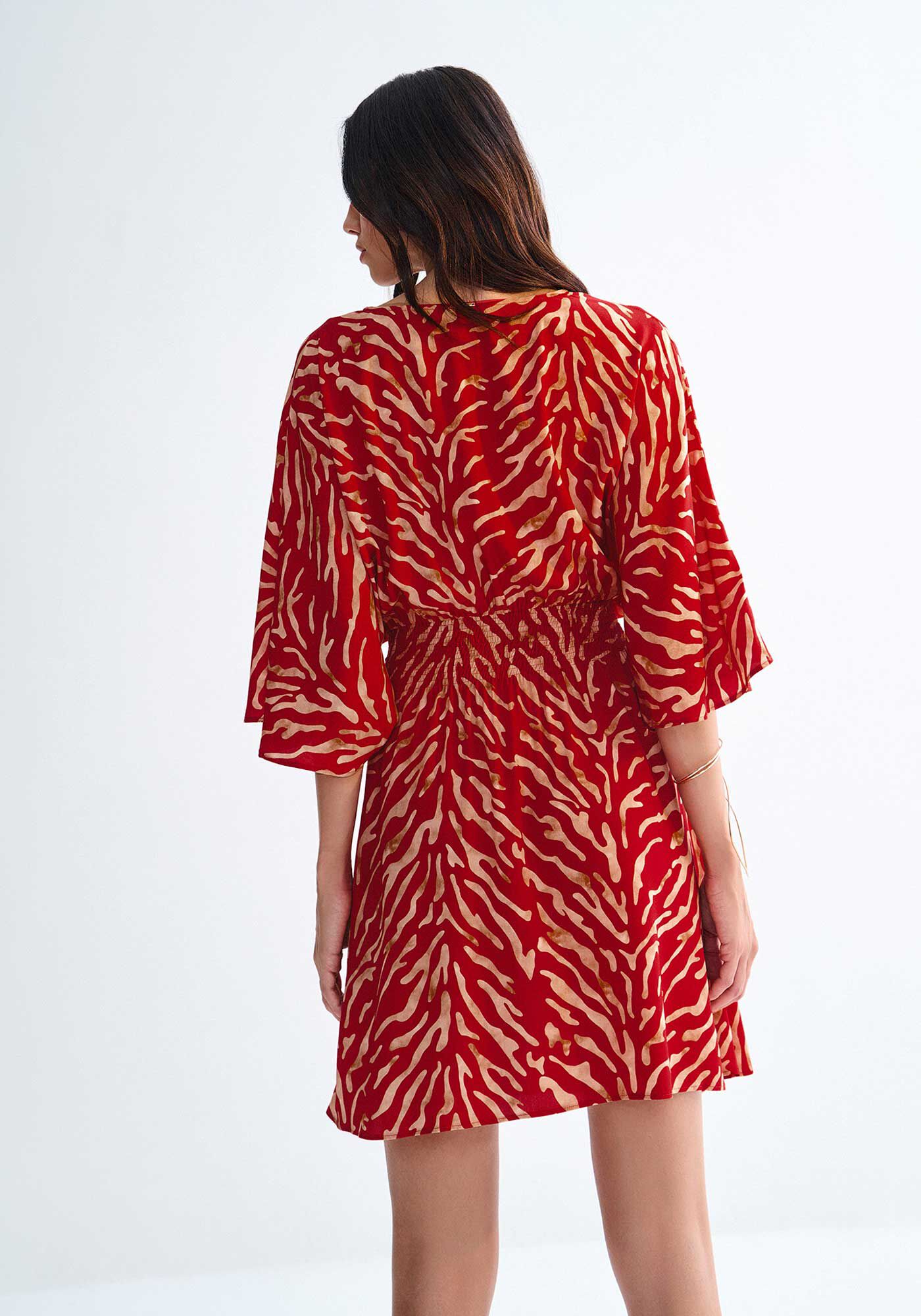 Vestido Curto em Viscose Estampado com Manga Flare, , large.