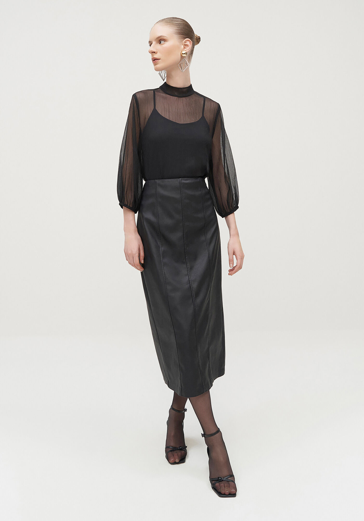 Saia Midi em Pu com Fenda Costas, , large.