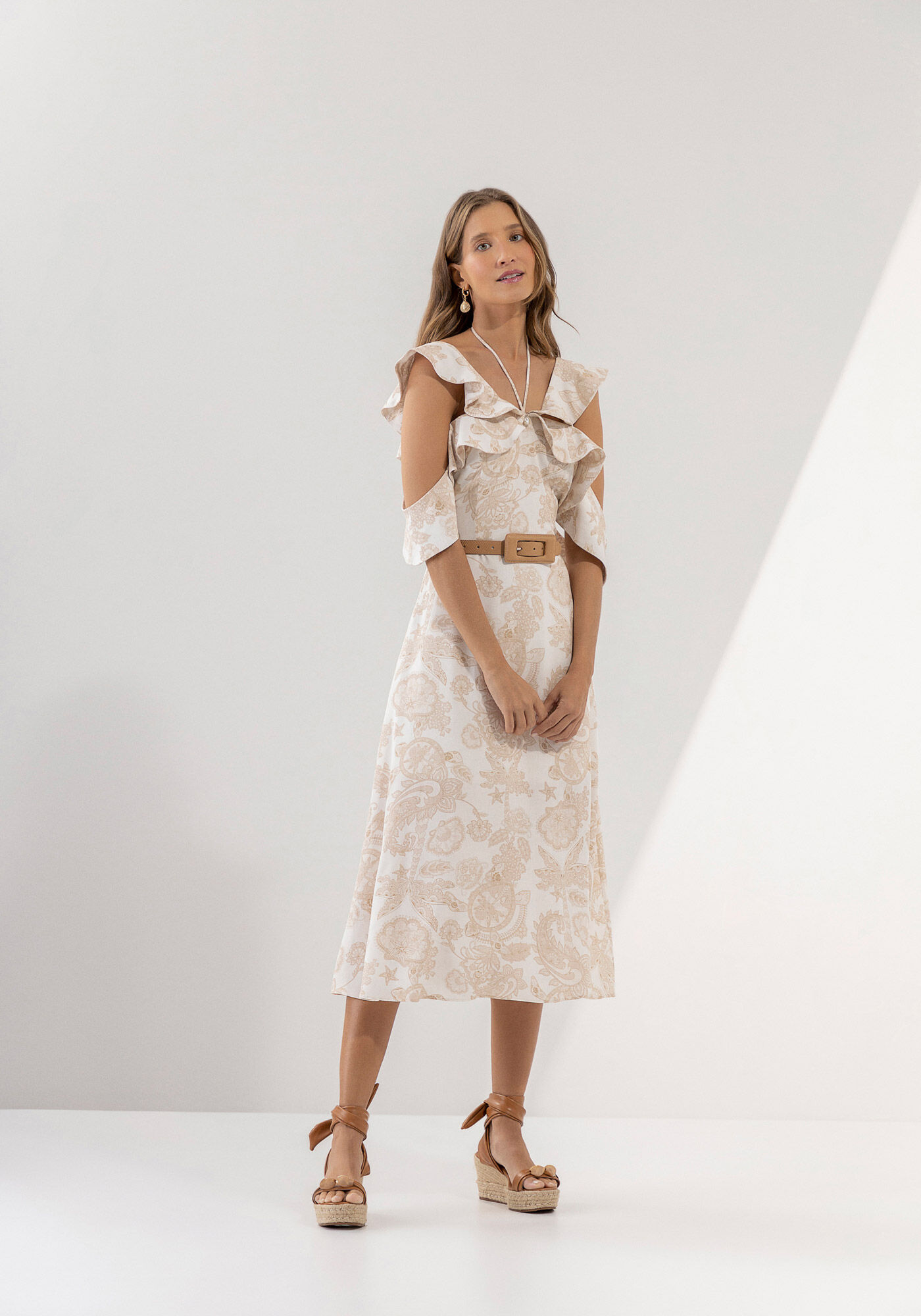 Vestido Midi em Viscose Estampado com Babados, , large.