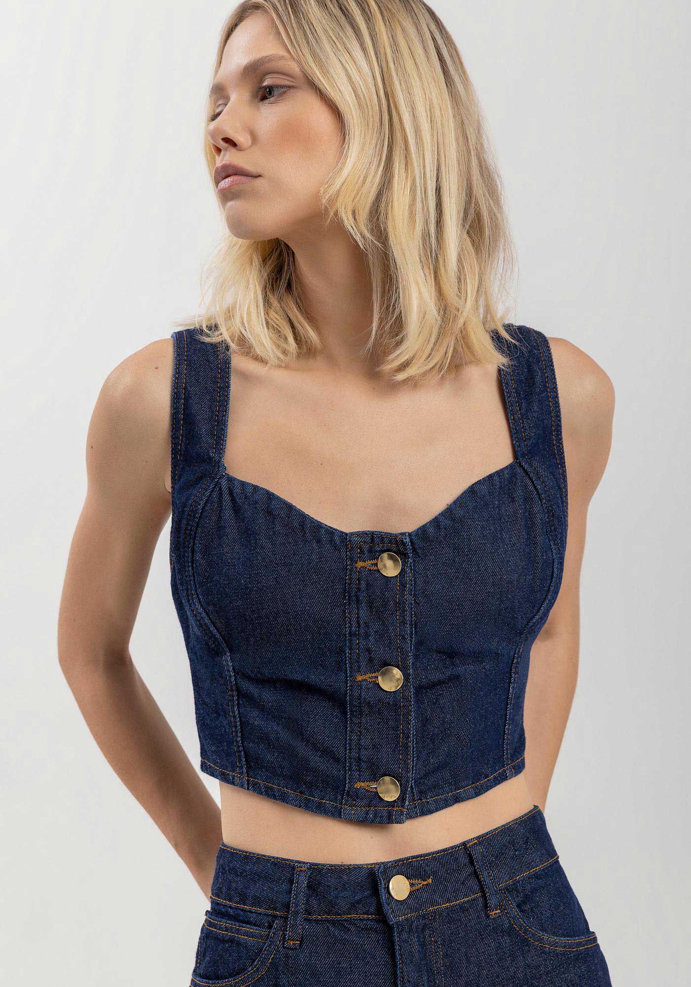 Blusa Cropped Em Jeans Com Al&ccedil;as Largas E Decote Princesa, JEANS, large.