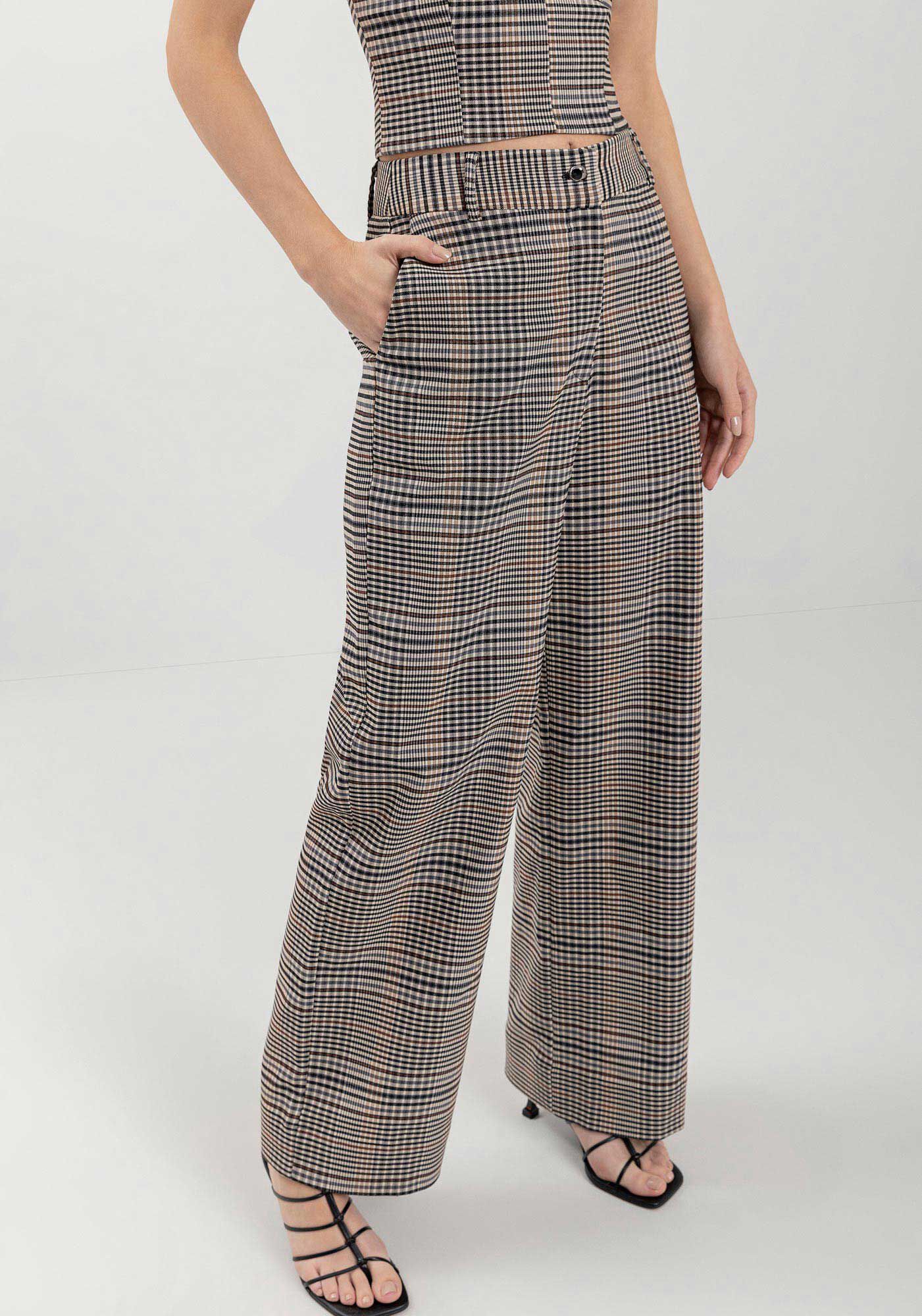 Cal&ccedil;a Reta Xadrez Com Cintura Alta E Bolsos Funcionais, BEGE CENTURY, large.