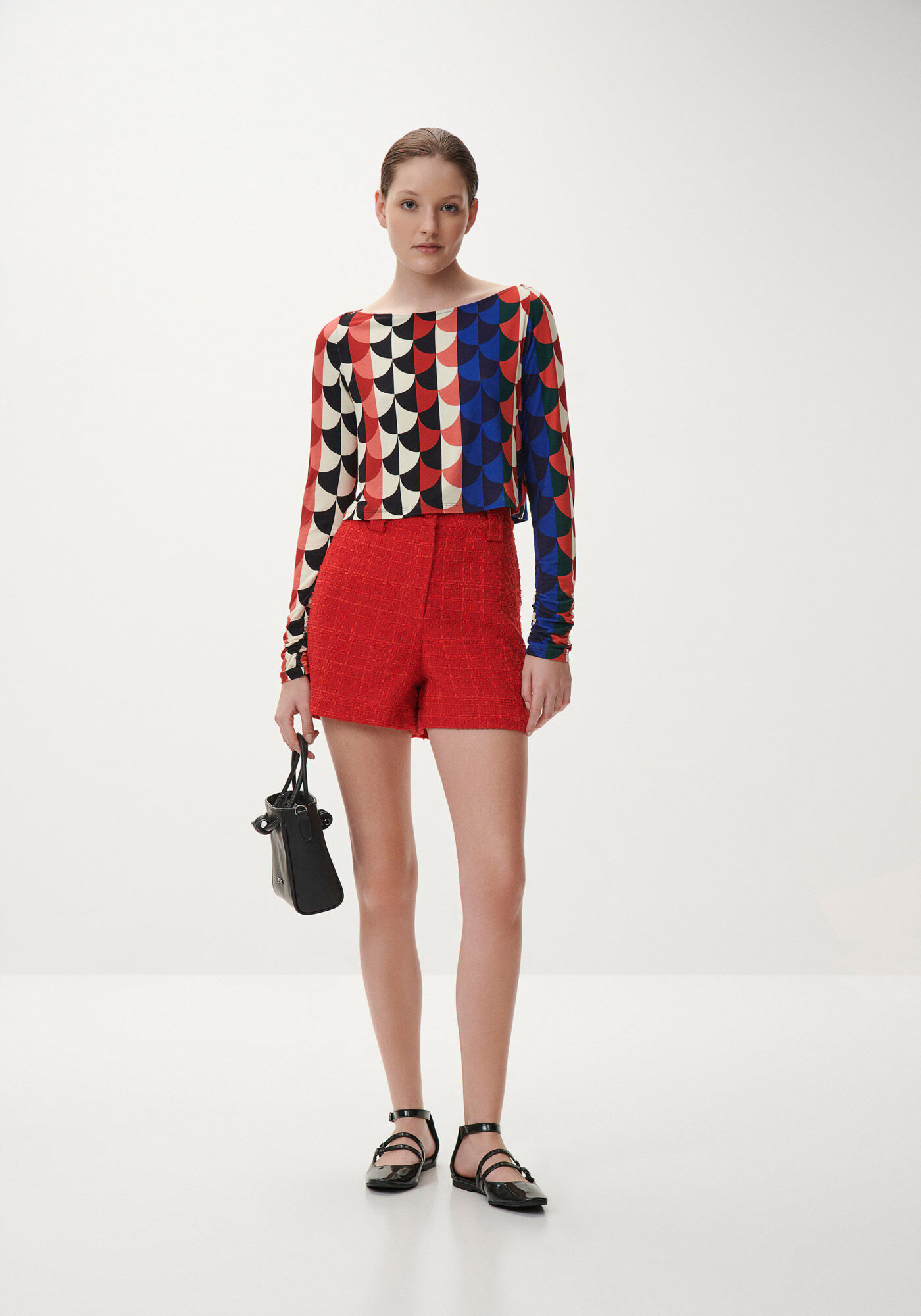 Blusa Manga Longa Cropped Estampada com Franzido, , large.