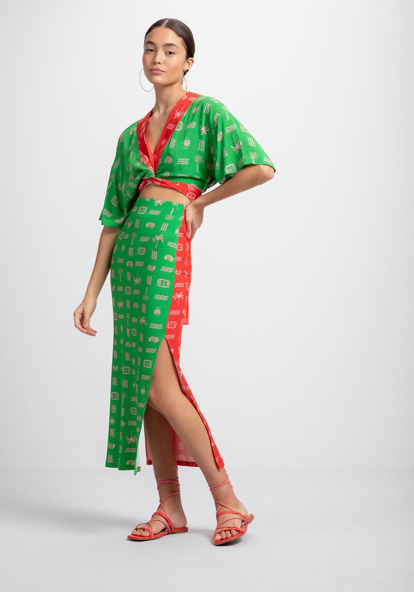 Saia Midi Canelada Estampada com Fenda, VENTANA, large.