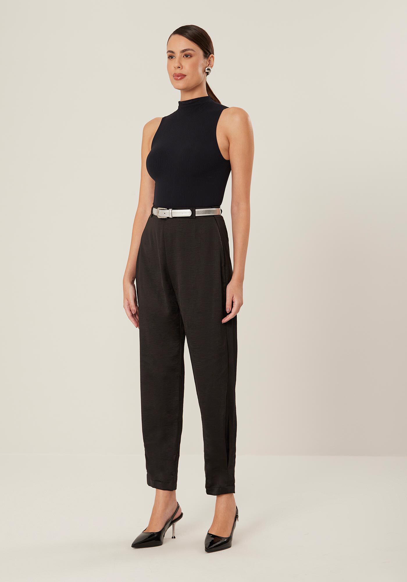 Cal&ccedil;a Slouchy Cintura Alta com Cinto Metalizado, , large.