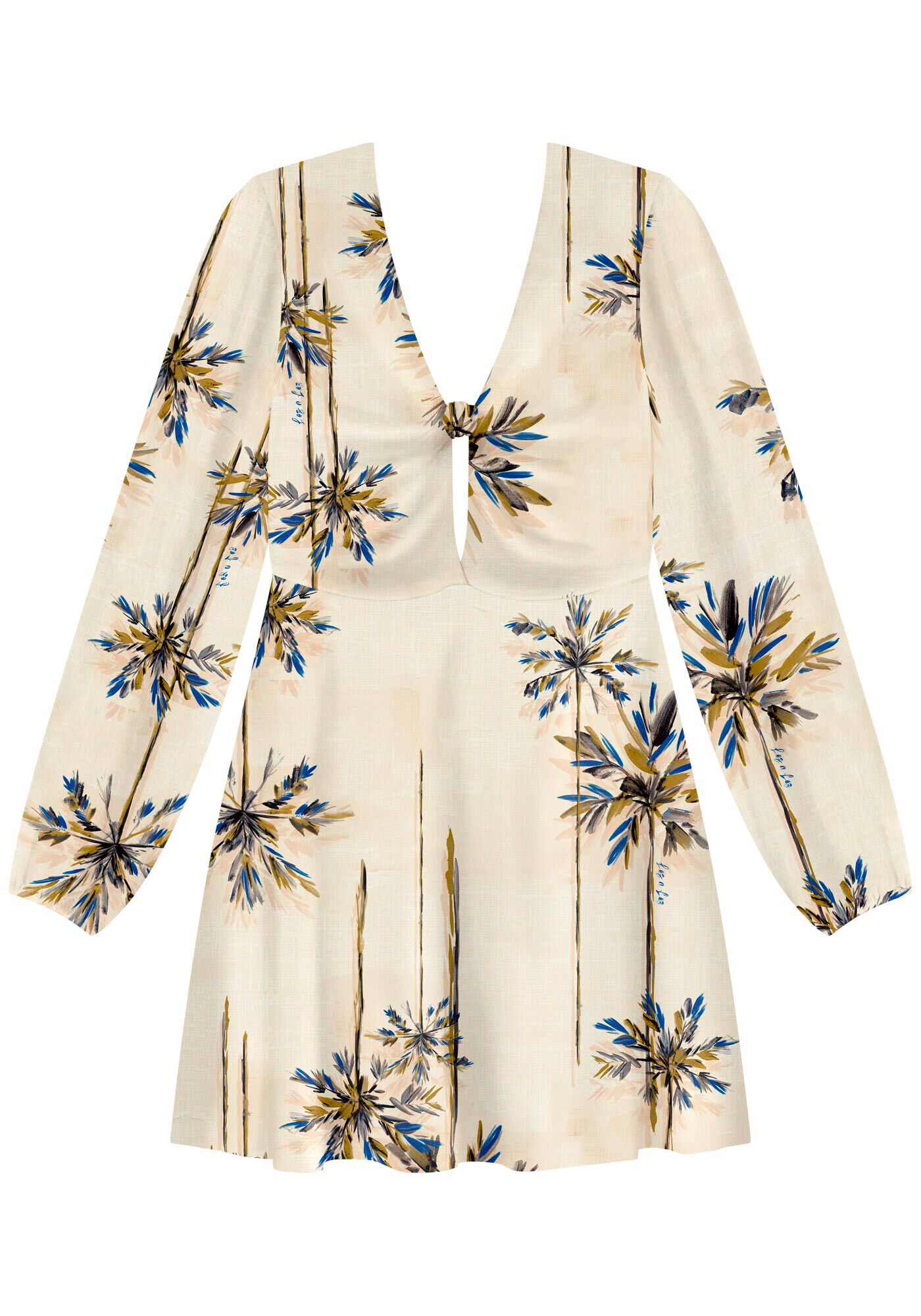 Vestido Curto Estampado Com Mangas Longas E Detalhe De N&oacute;, , large.