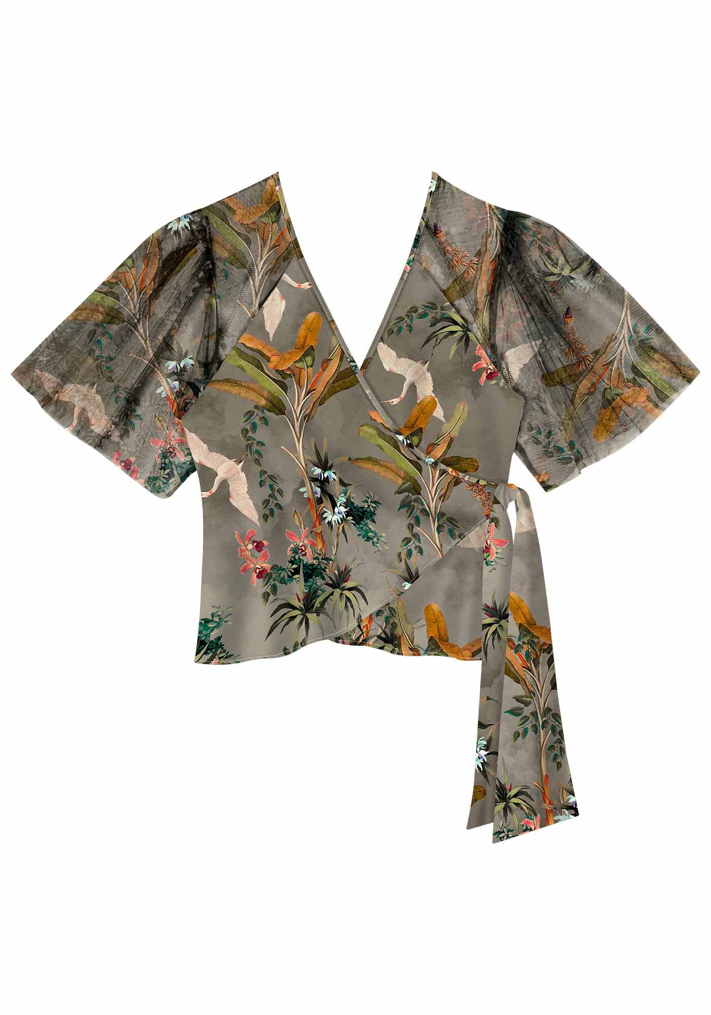 Blusa Transpassada Estampada com Mangas Tule, , large.