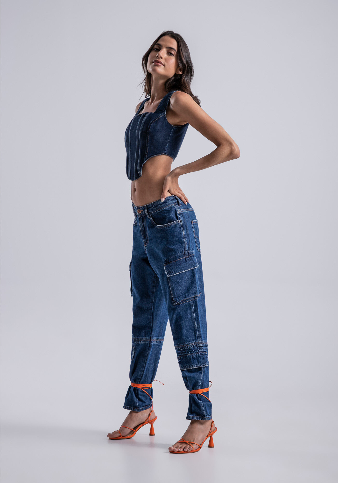 Blusa Jeans Corset Cropped com Decote Reto, JEANS, large.